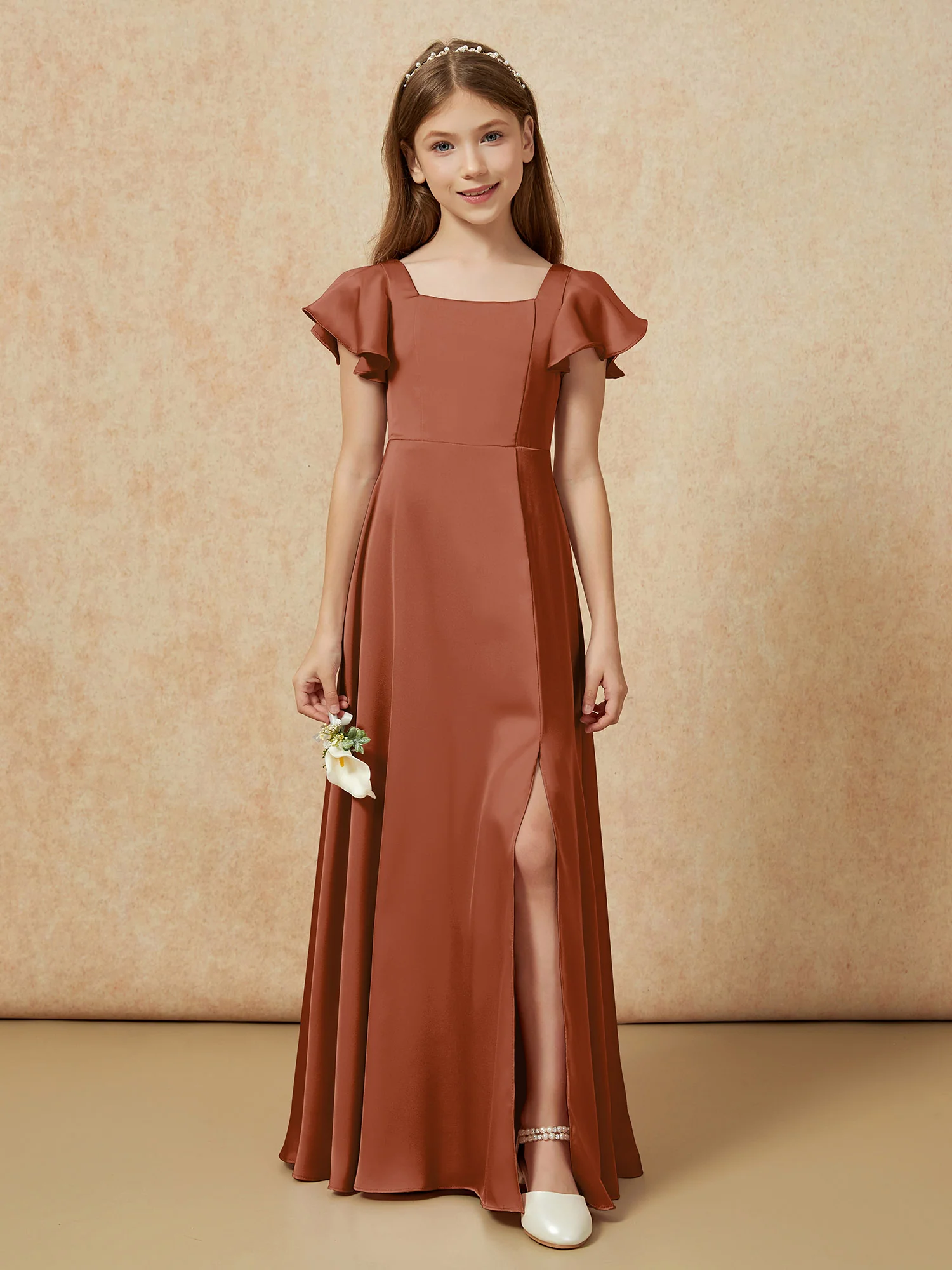 Square Neck Long Satin Junior Bridesmaid Dress Terracotta