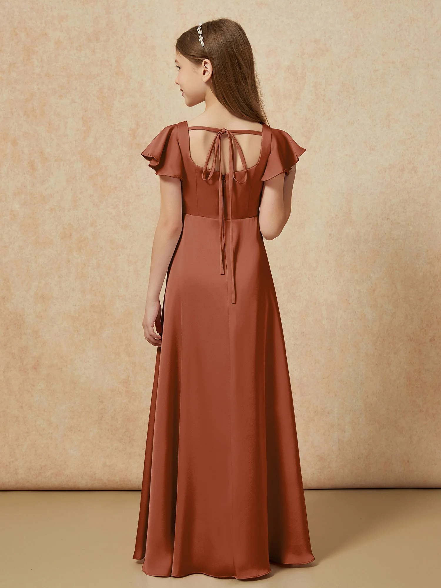 Square Neck Long Satin Junior Bridesmaid Dress Terracotta - Image 2