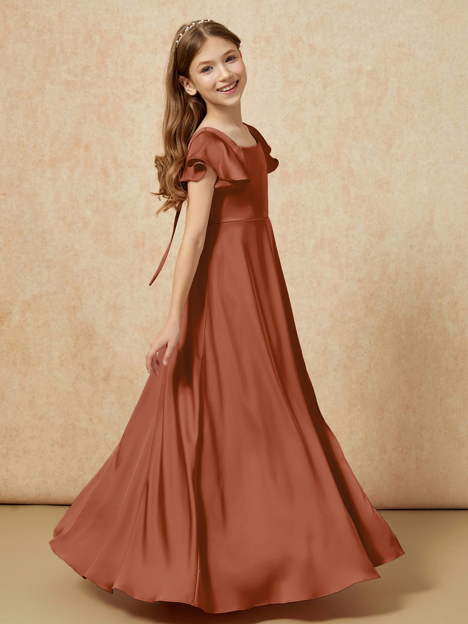 Square Neck Long Satin Junior Bridesmaid Dress Terracotta - Image 3