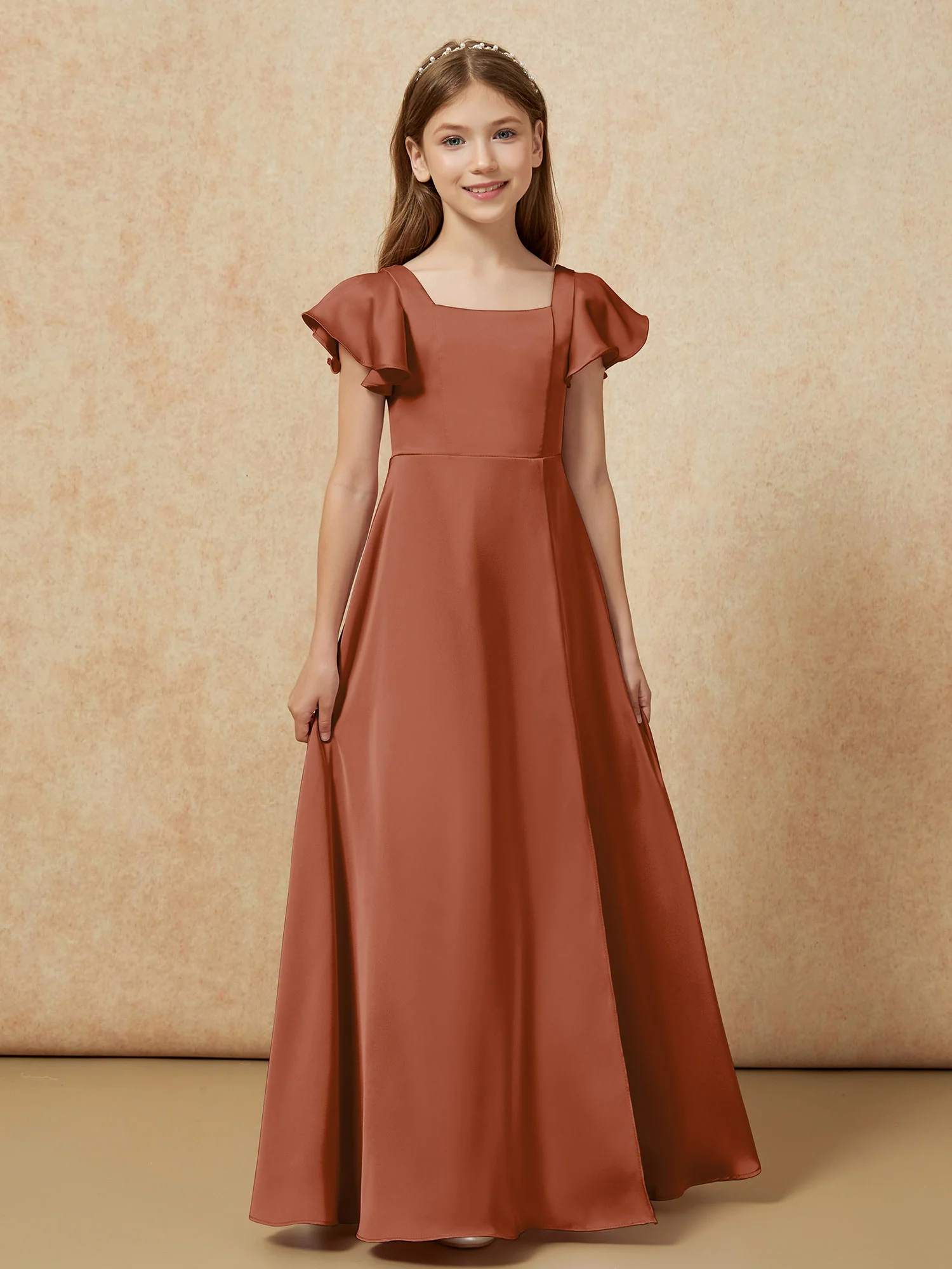 Square Neck Long Satin Junior Bridesmaid Dress Terracotta - Image 4
