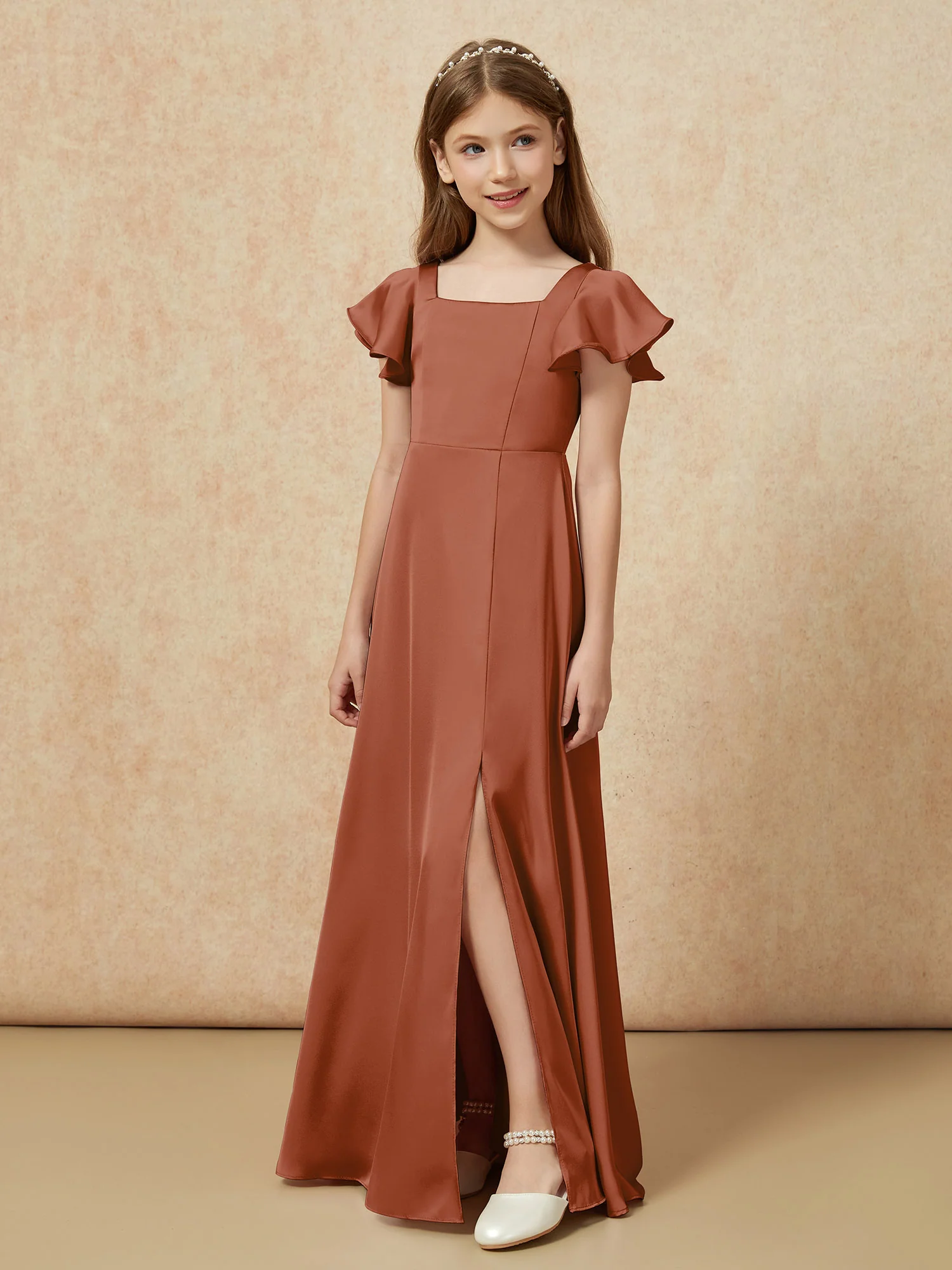 Square Neck Long Satin Junior Bridesmaid Dress Terracotta - Image 5