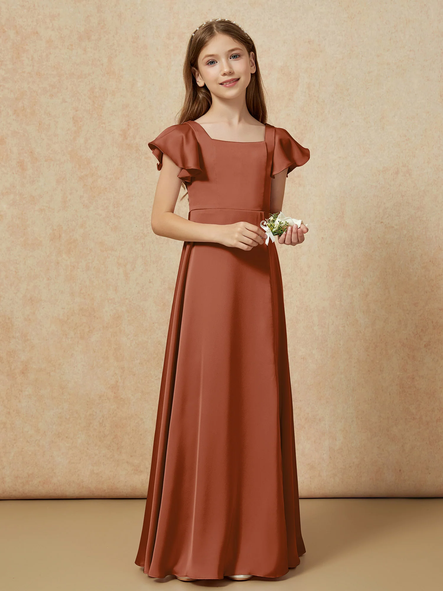 Square Neck Long Satin Junior Bridesmaid Dress Terracotta - Image 6