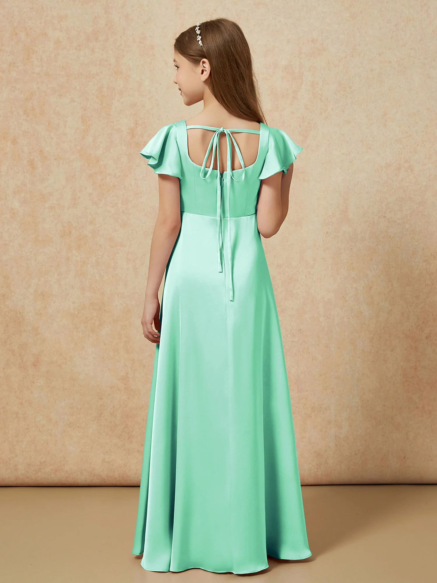 Square Neck Long Satin Junior Bridesmaid Dress Turquoise - Image 2