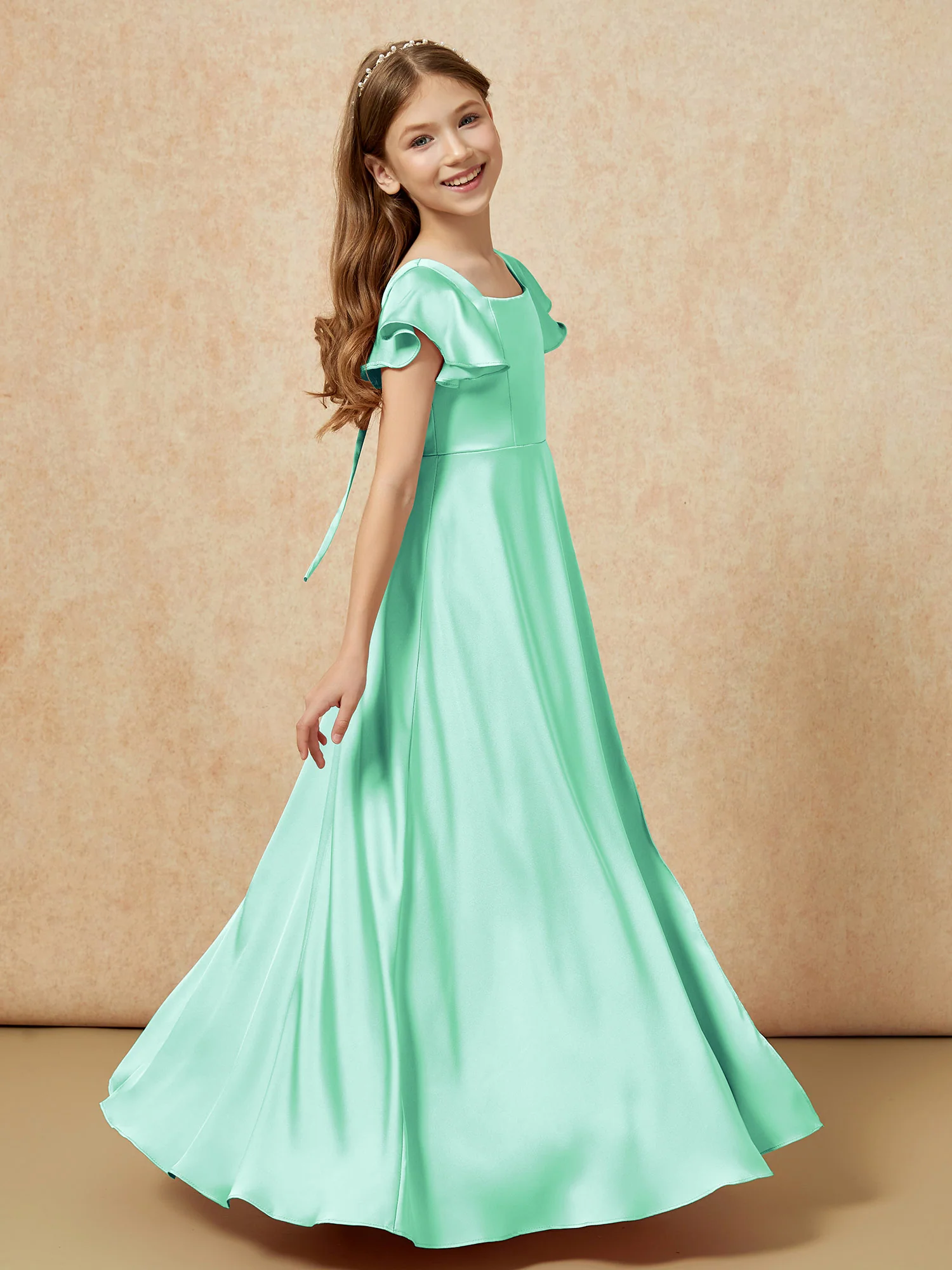 Square Neck Long Satin Junior Bridesmaid Dress Turquoise - Image 3