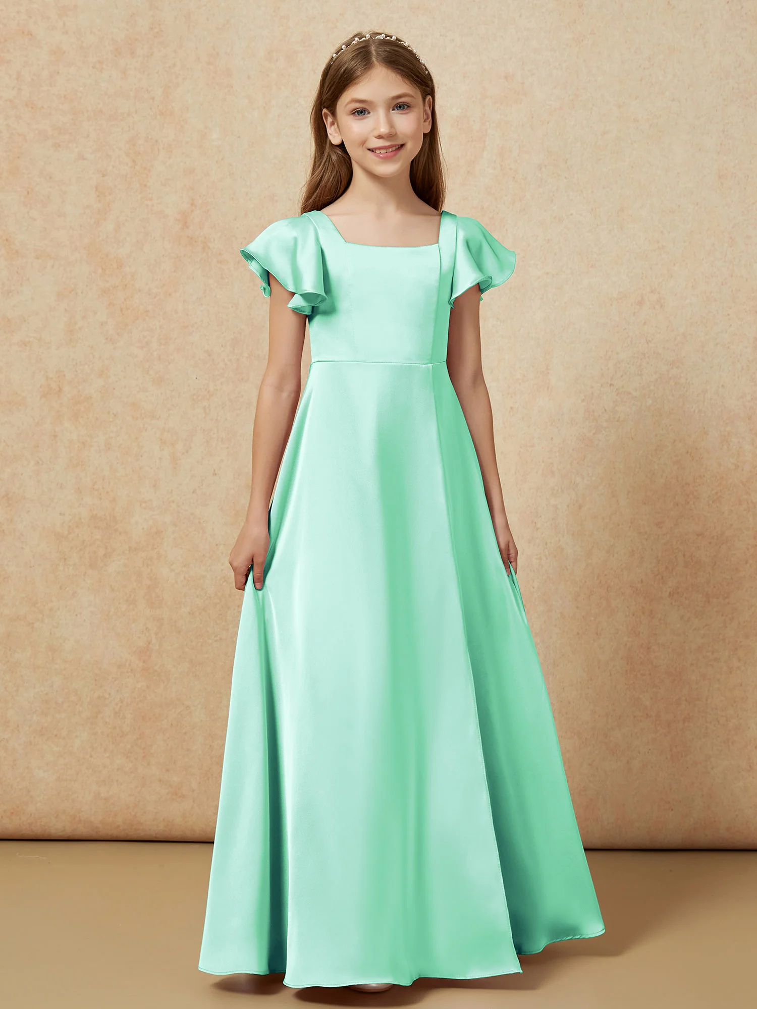 Square Neck Long Satin Junior Bridesmaid Dress Turquoise - Image 4