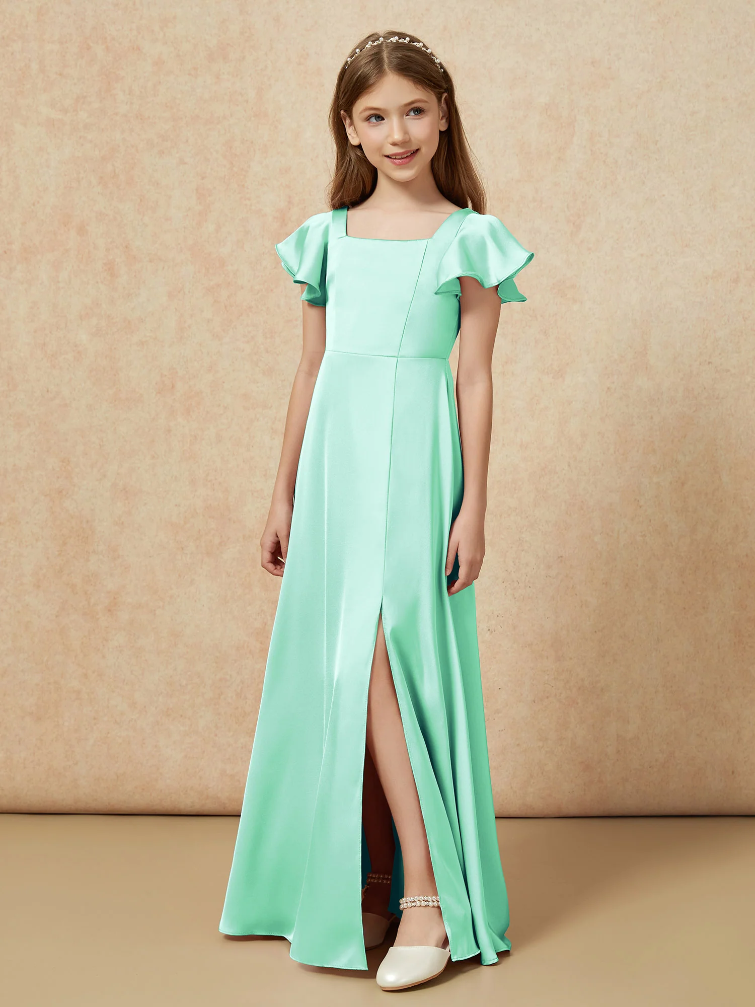 Square Neck Long Satin Junior Bridesmaid Dress Turquoise - Image 5