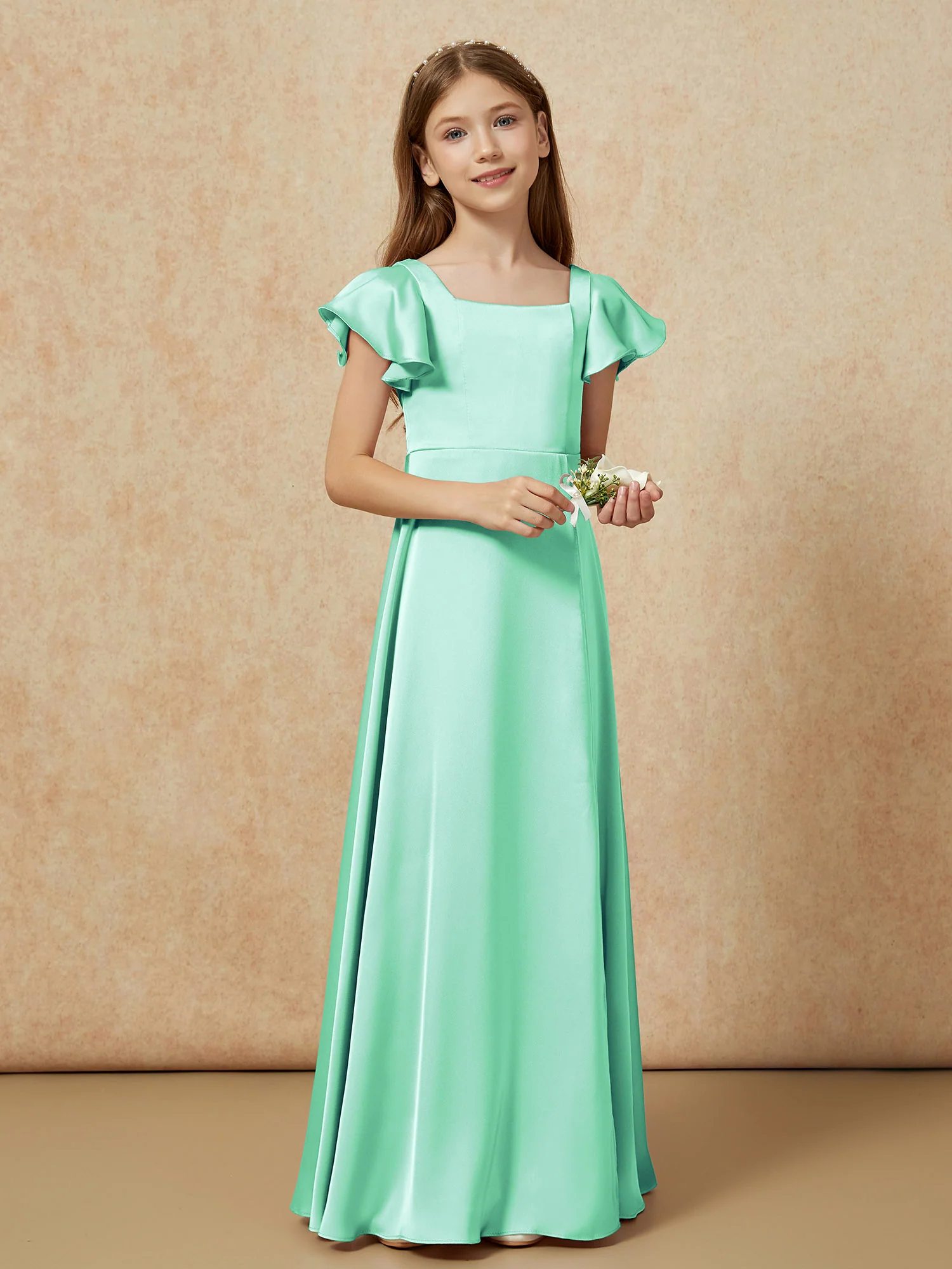 Square Neck Long Satin Junior Bridesmaid Dress Turquoise - Image 6