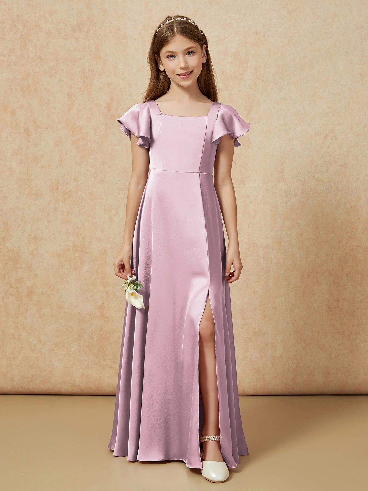 Square Neck Long Satin Junior Bridesmaid Dress Vintage Mauve