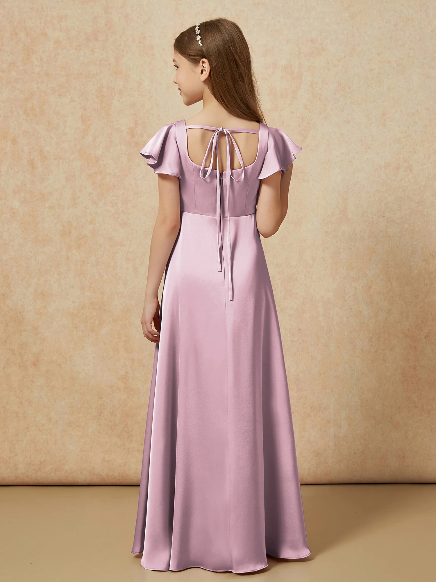 Square Neck Long Satin Junior Bridesmaid Dress Vintage Mauve - Image 2