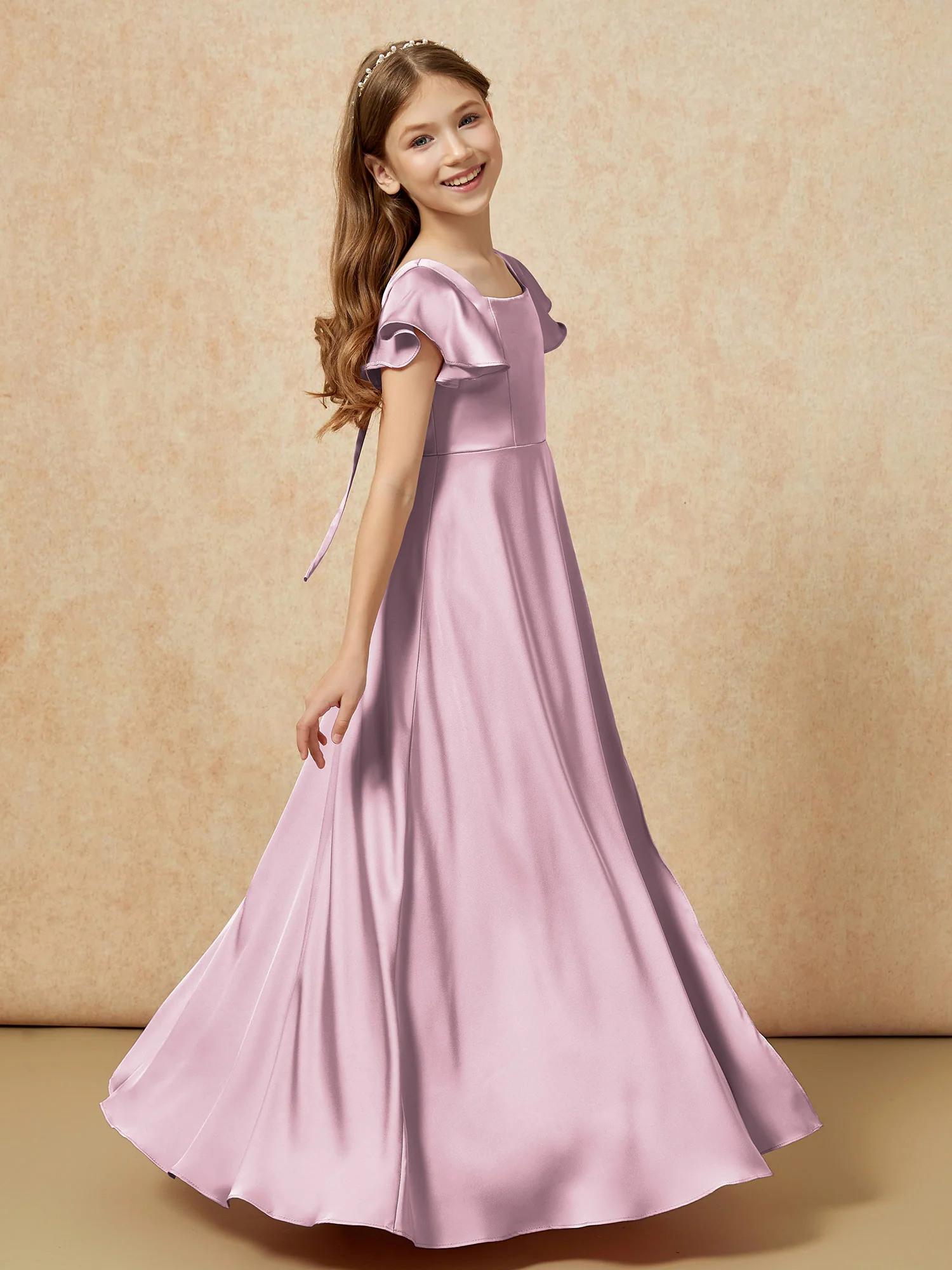 Square Neck Long Satin Junior Bridesmaid Dress Vintage Mauve - Image 3