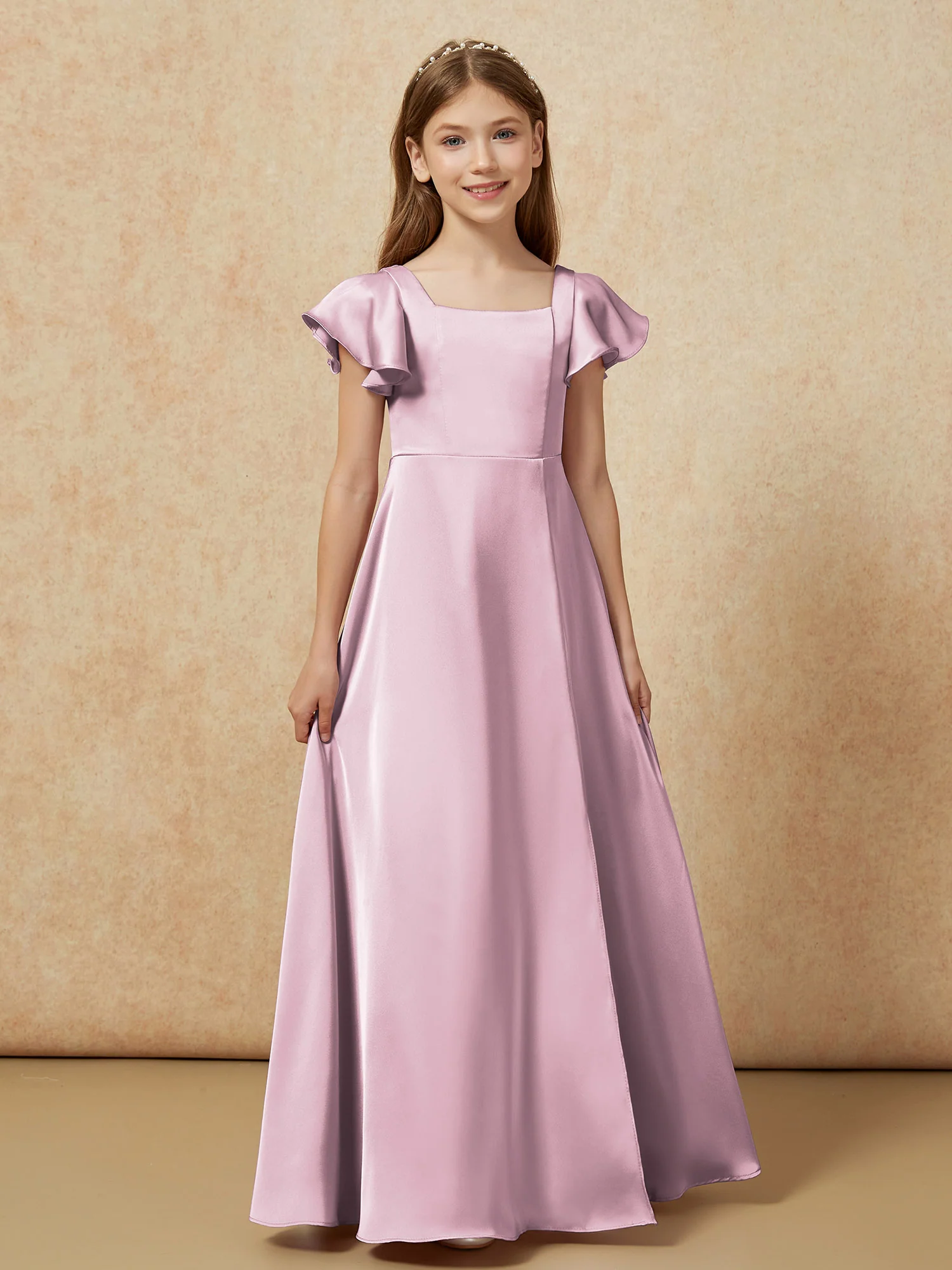 Square Neck Long Satin Junior Bridesmaid Dress Vintage Mauve - Image 4