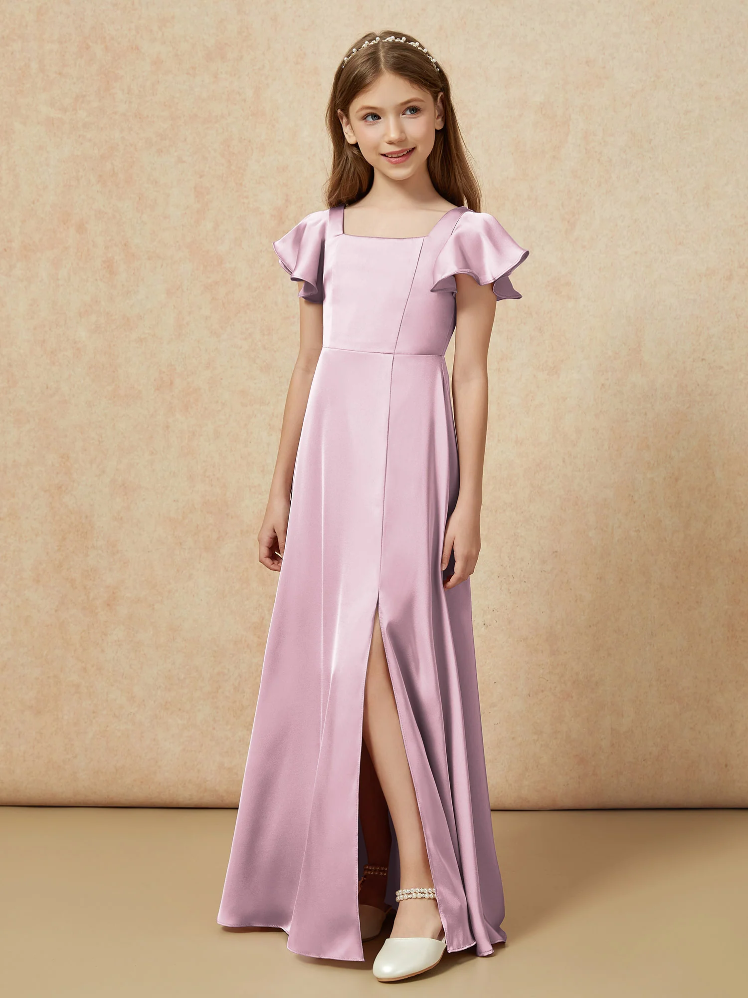 Square Neck Long Satin Junior Bridesmaid Dress Vintage Mauve - Image 5