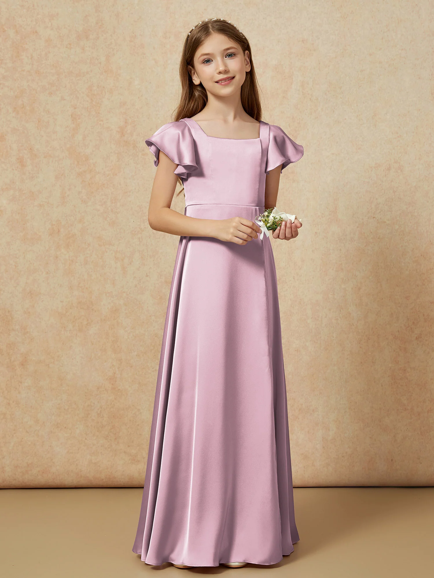 Square Neck Long Satin Junior Bridesmaid Dress Vintage Mauve - Image 6