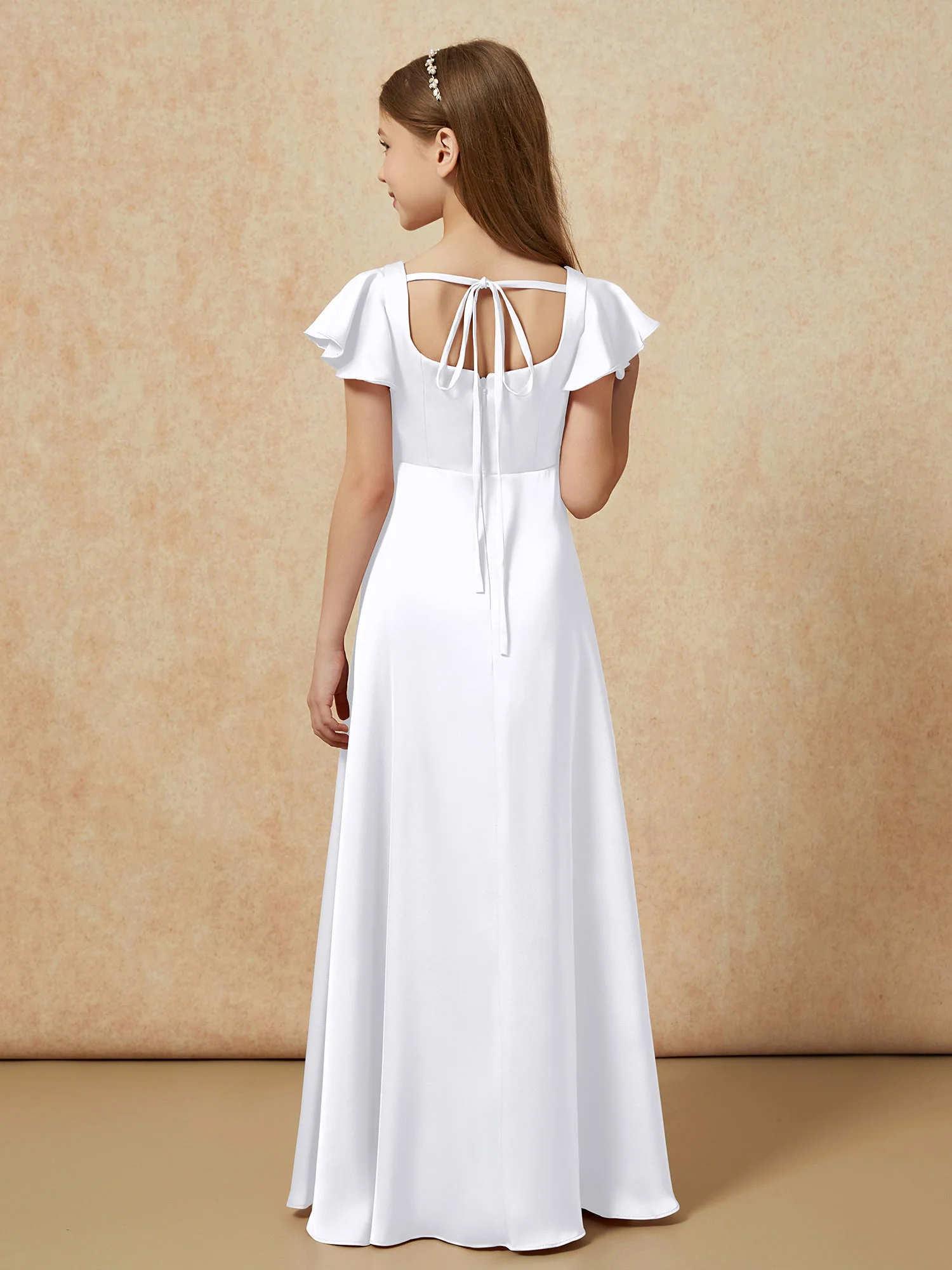 Square Neck Long Satin Junior Bridesmaid Dress White - Image 2