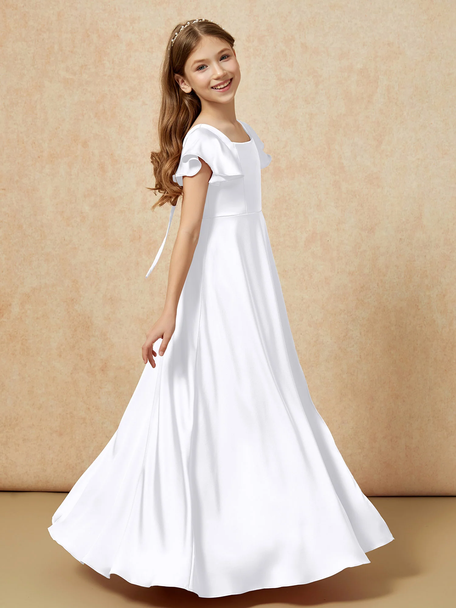 Square Neck Long Satin Junior Bridesmaid Dress White - Image 3