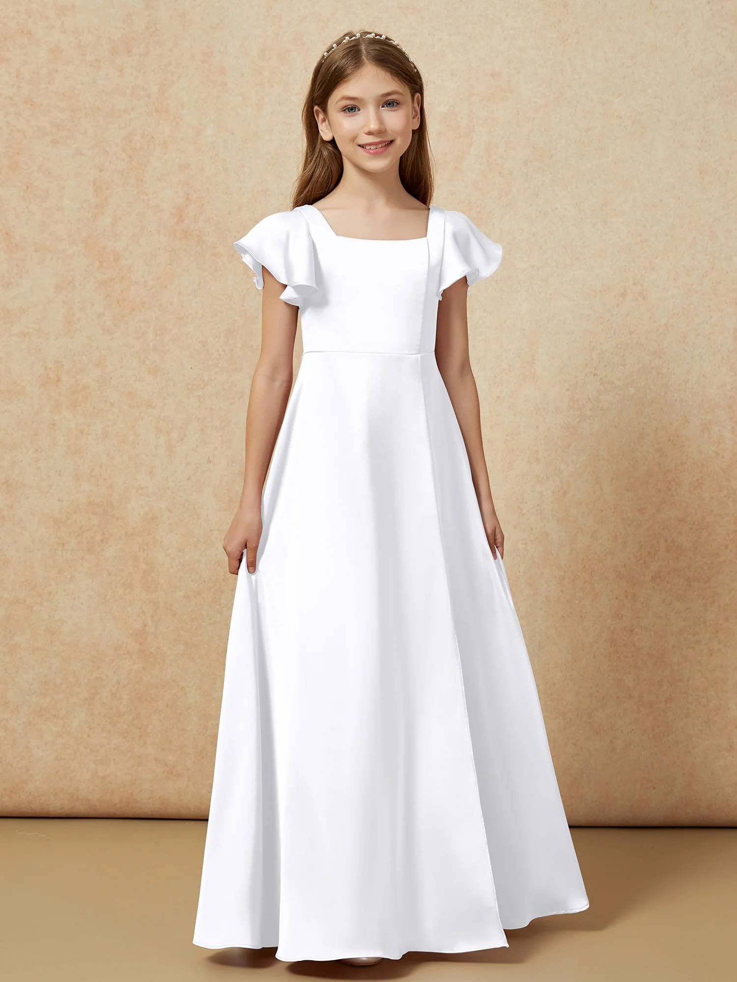 Square Neck Long Satin Junior Bridesmaid Dress White - Image 4