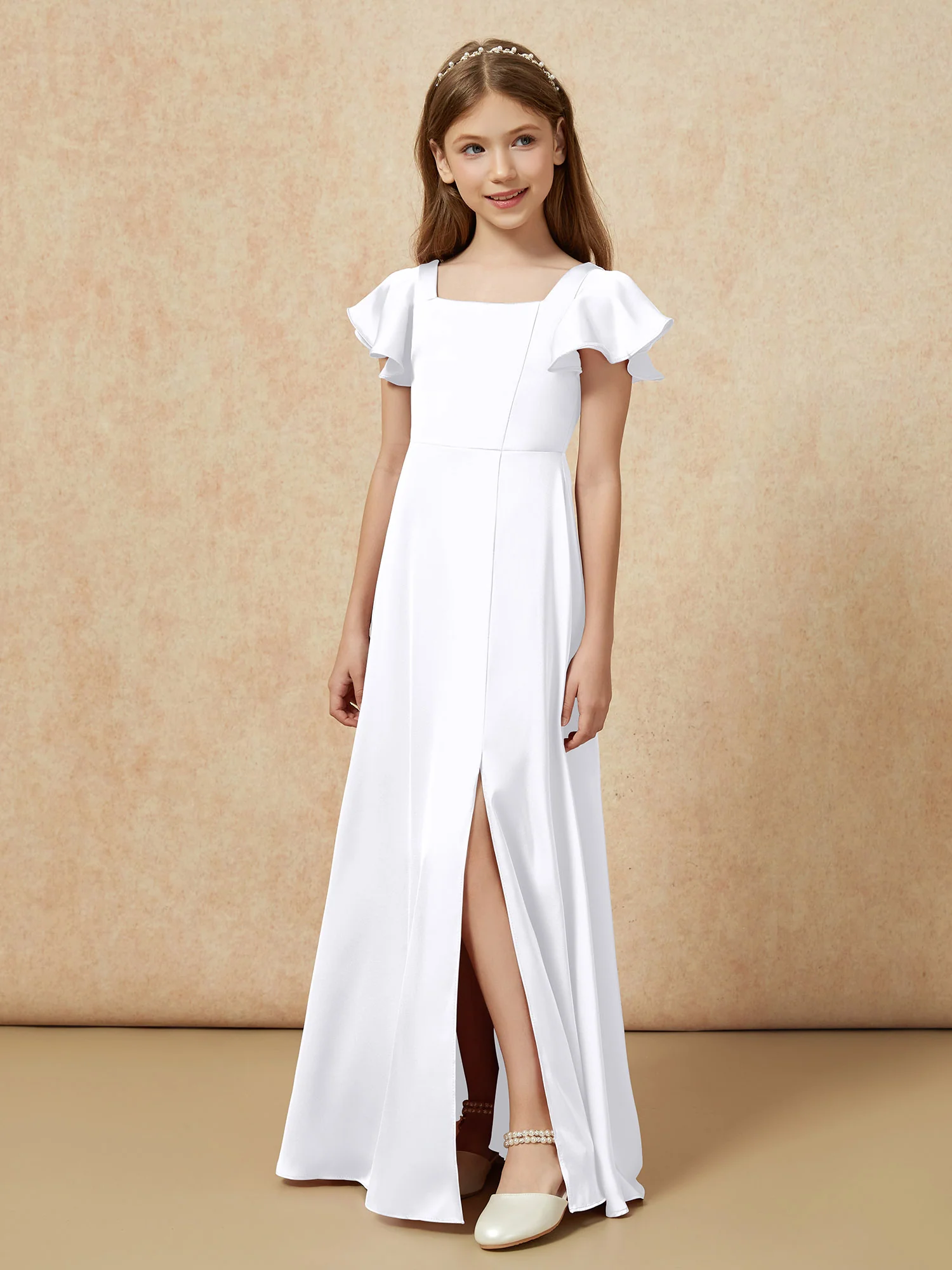 Square Neck Long Satin Junior Bridesmaid Dress White - Image 5