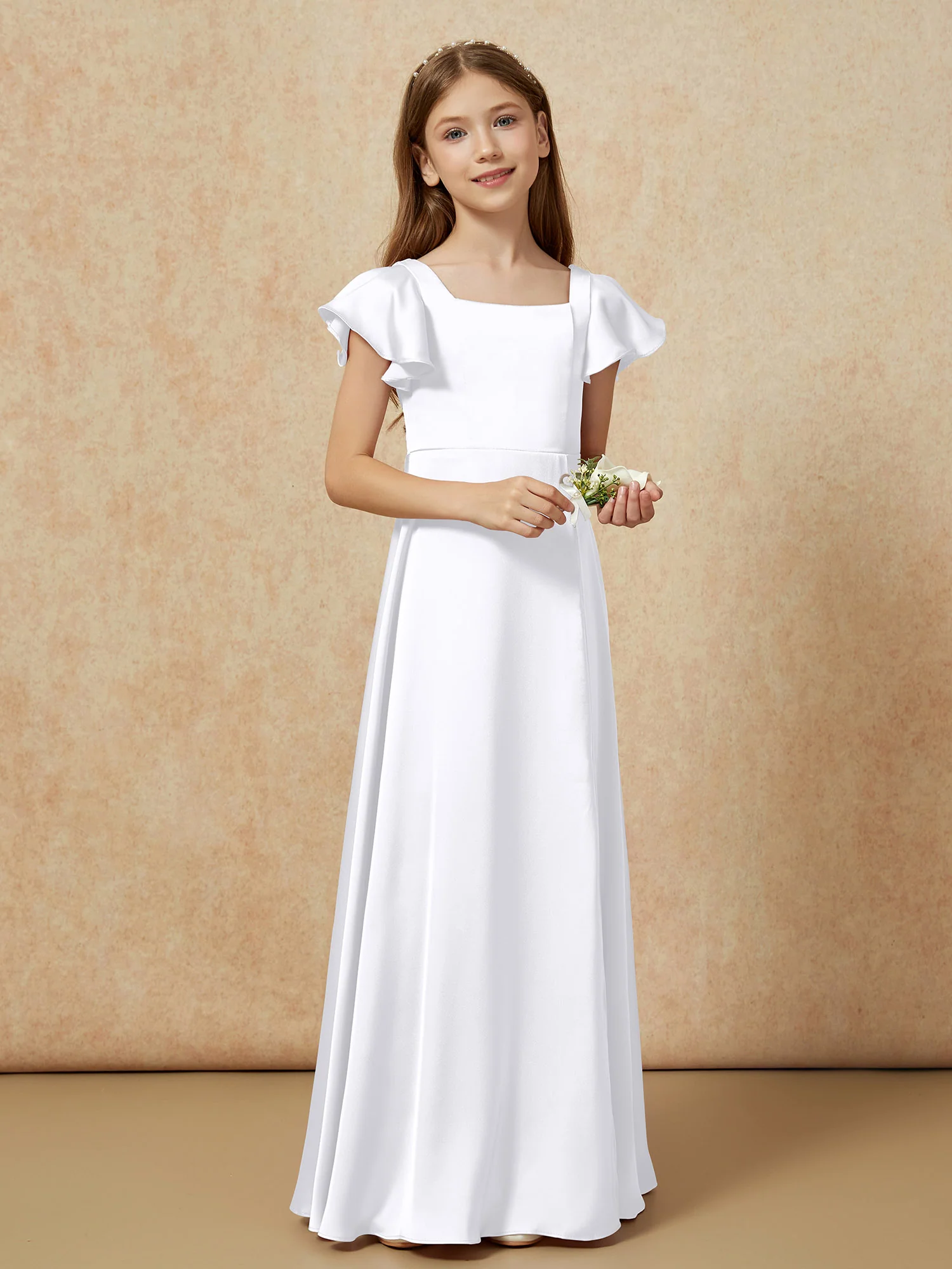 Square Neck Long Satin Junior Bridesmaid Dress White - Image 6