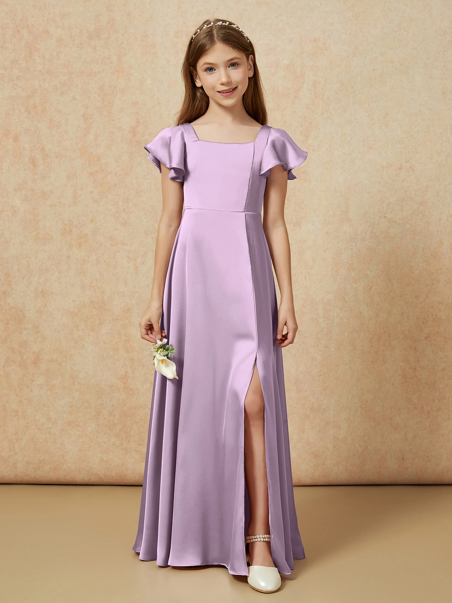 Square Neck Long Satin Junior Bridesmaid Dress Wisteria