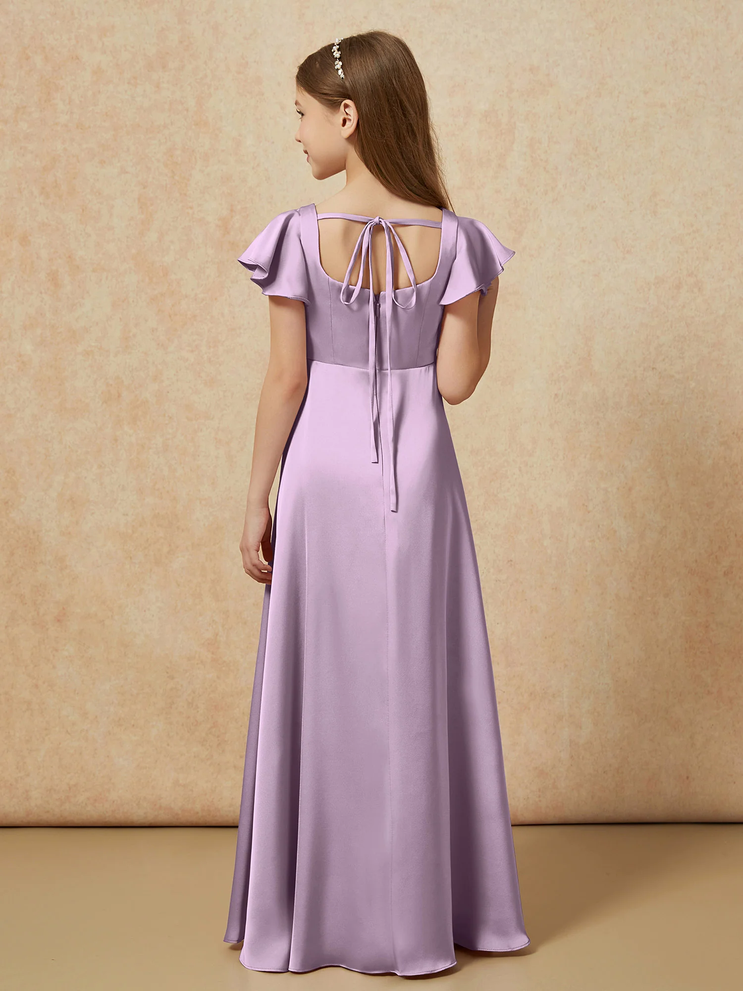 Square Neck Long Satin Junior Bridesmaid Dress Wisteria - Image 2