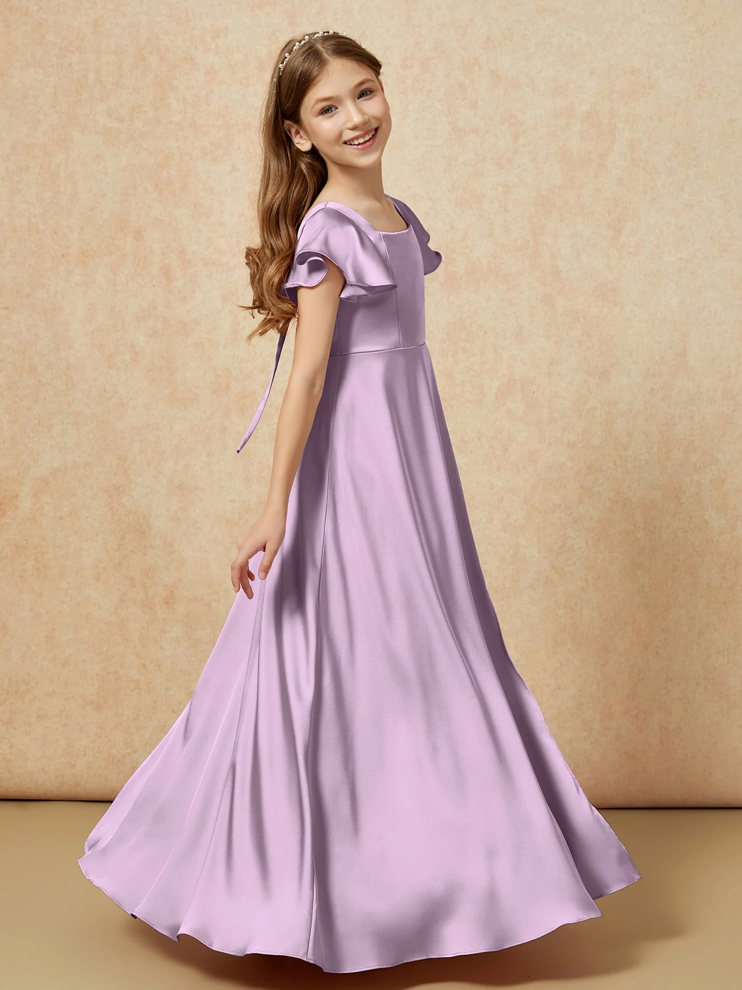 Square Neck Long Satin Junior Bridesmaid Dress Wisteria - Image 3