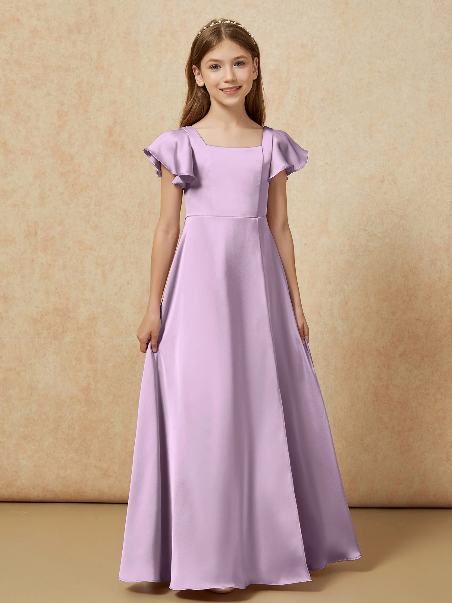 Square Neck Long Satin Junior Bridesmaid Dress Wisteria - Image 4