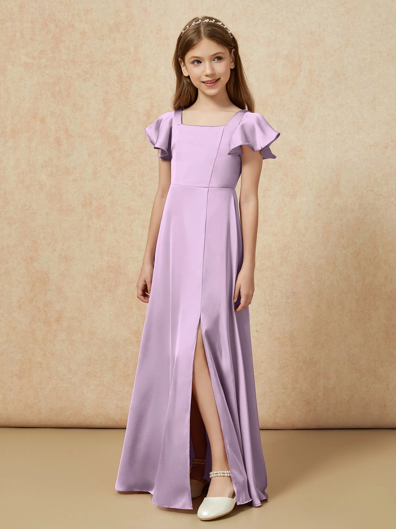Square Neck Long Satin Junior Bridesmaid Dress Wisteria - Image 5