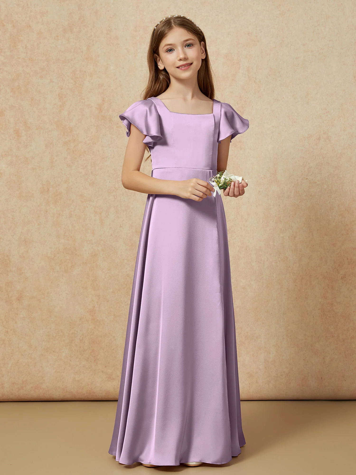 Square Neck Long Satin Junior Bridesmaid Dress Wisteria - Image 6