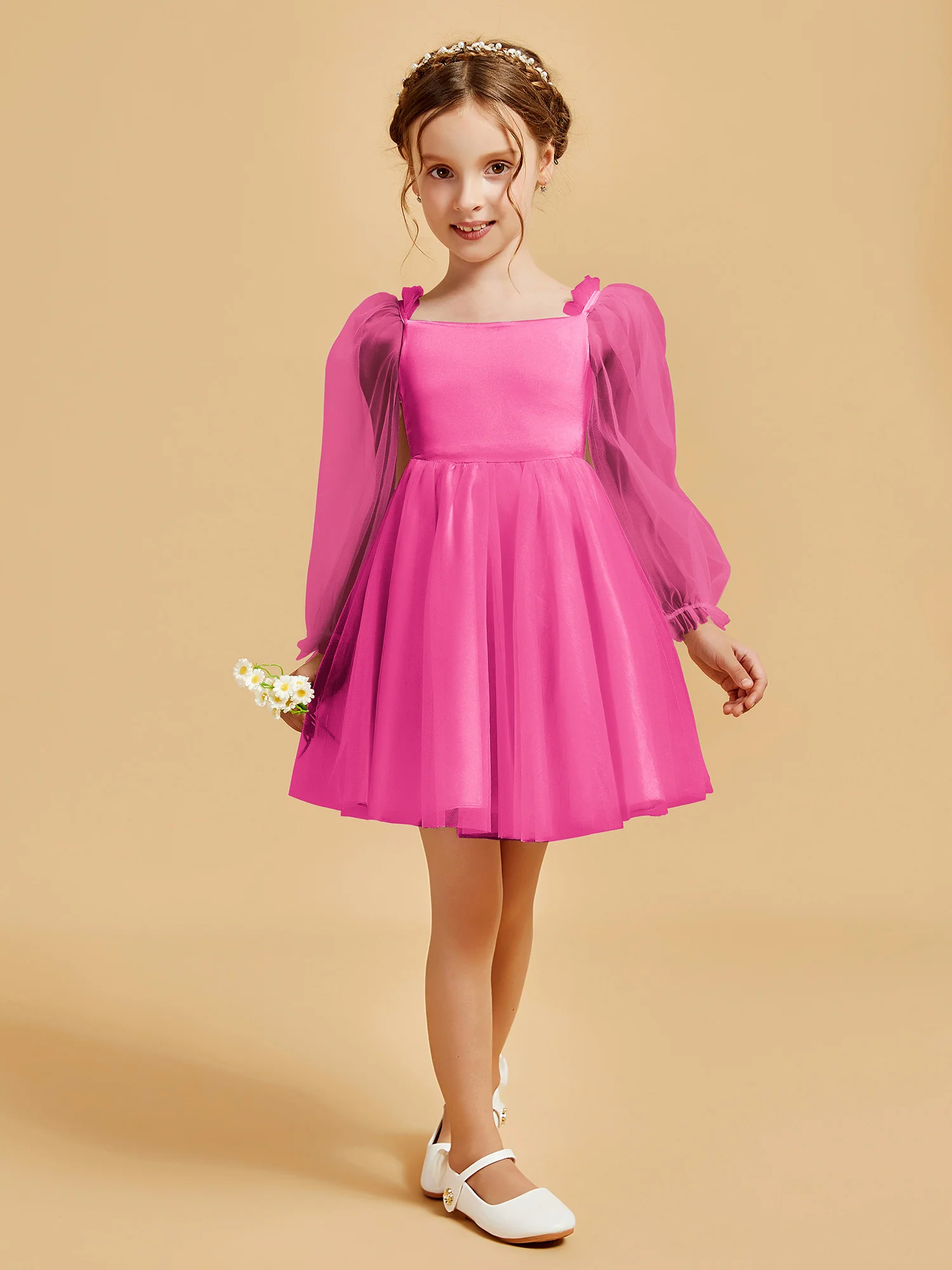 Square Neck Long Sleeve Girl's Short Dress Azalea