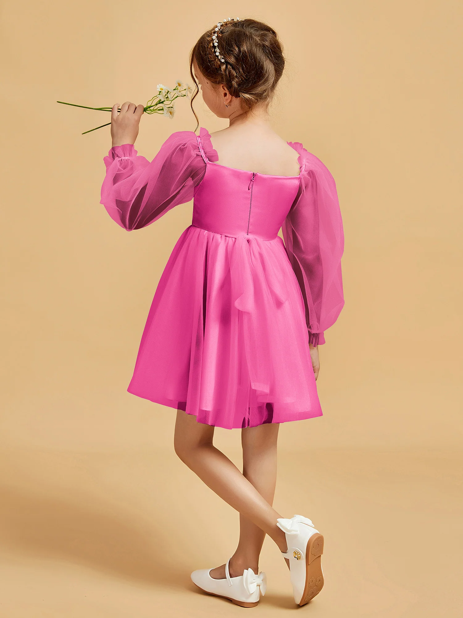 Square Neck Long Sleeve Girl's Short Dress Azalea - Image 2