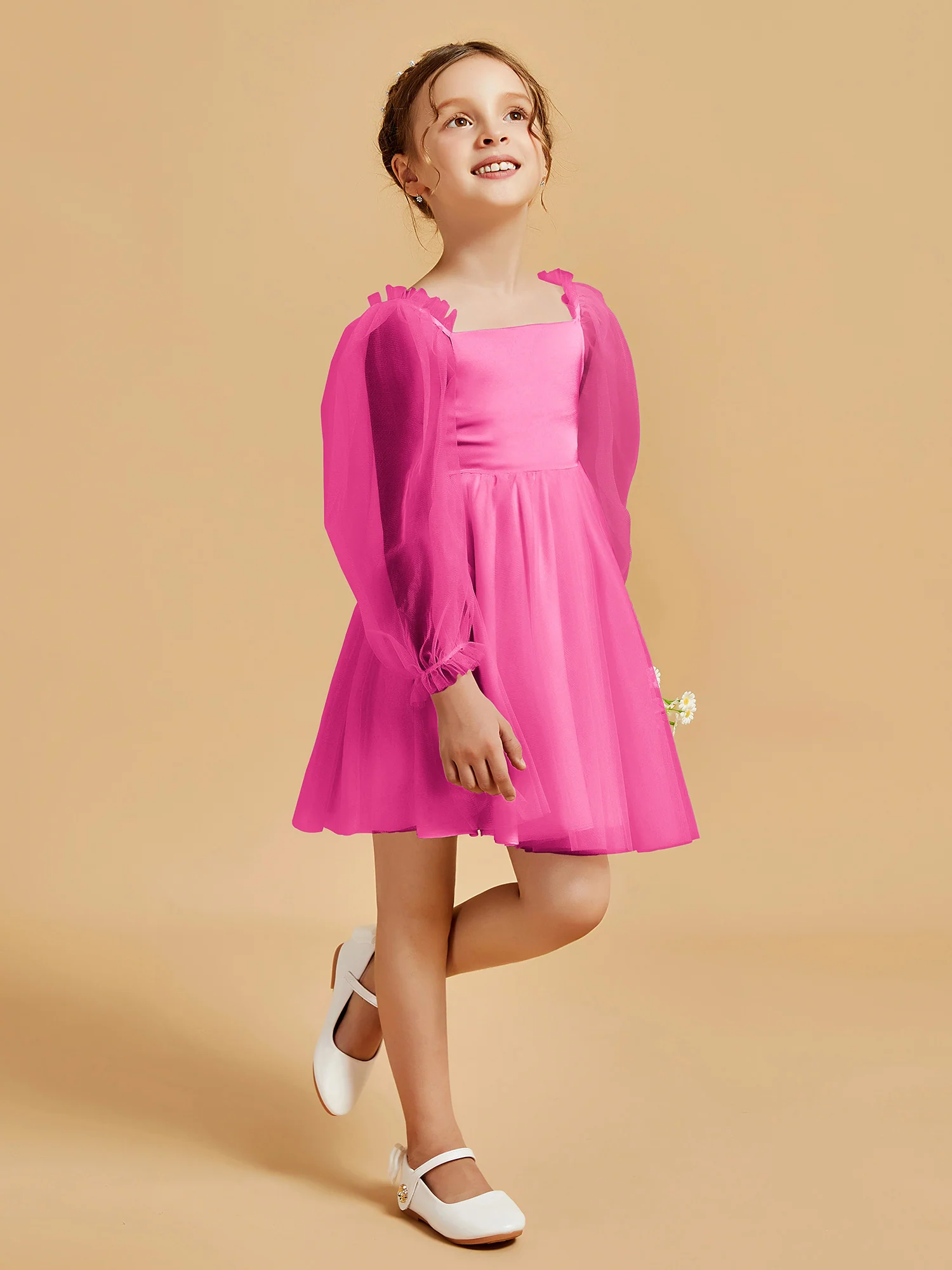 Square Neck Long Sleeve Girl's Short Dress Azalea - Image 3