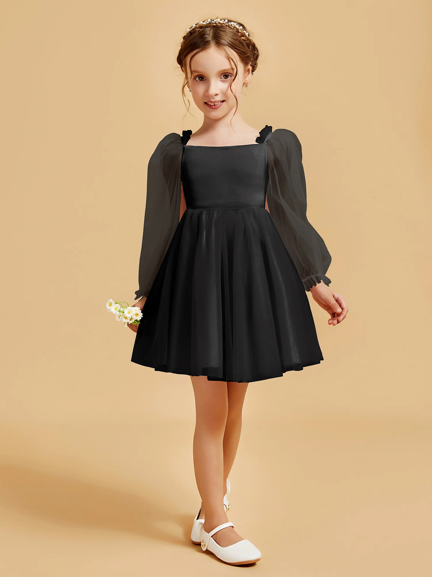 Square Neck Long Sleeve Girl's Short Dress Black