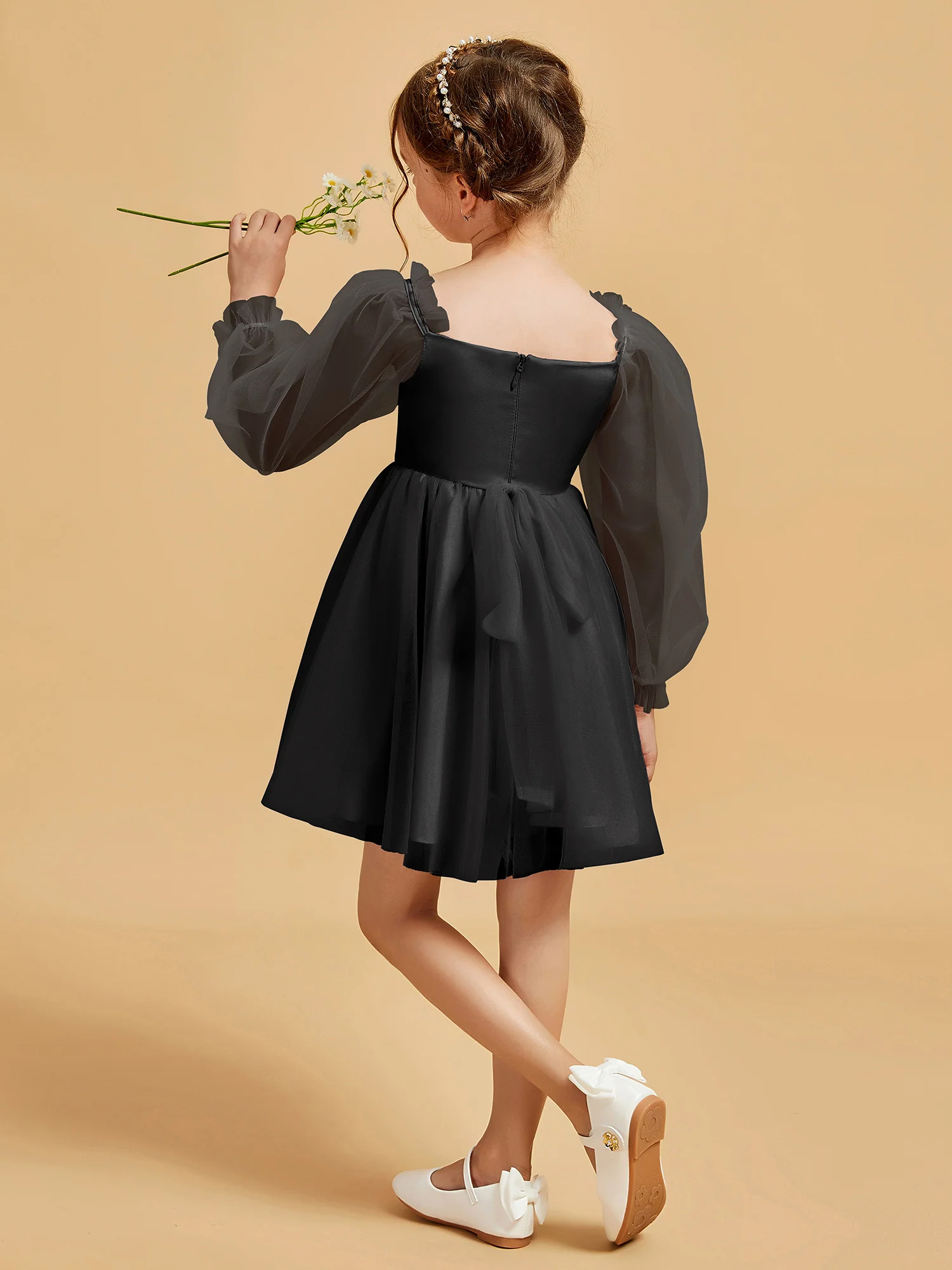 Square Neck Long Sleeve Girl's Short Dress Black - Image 2