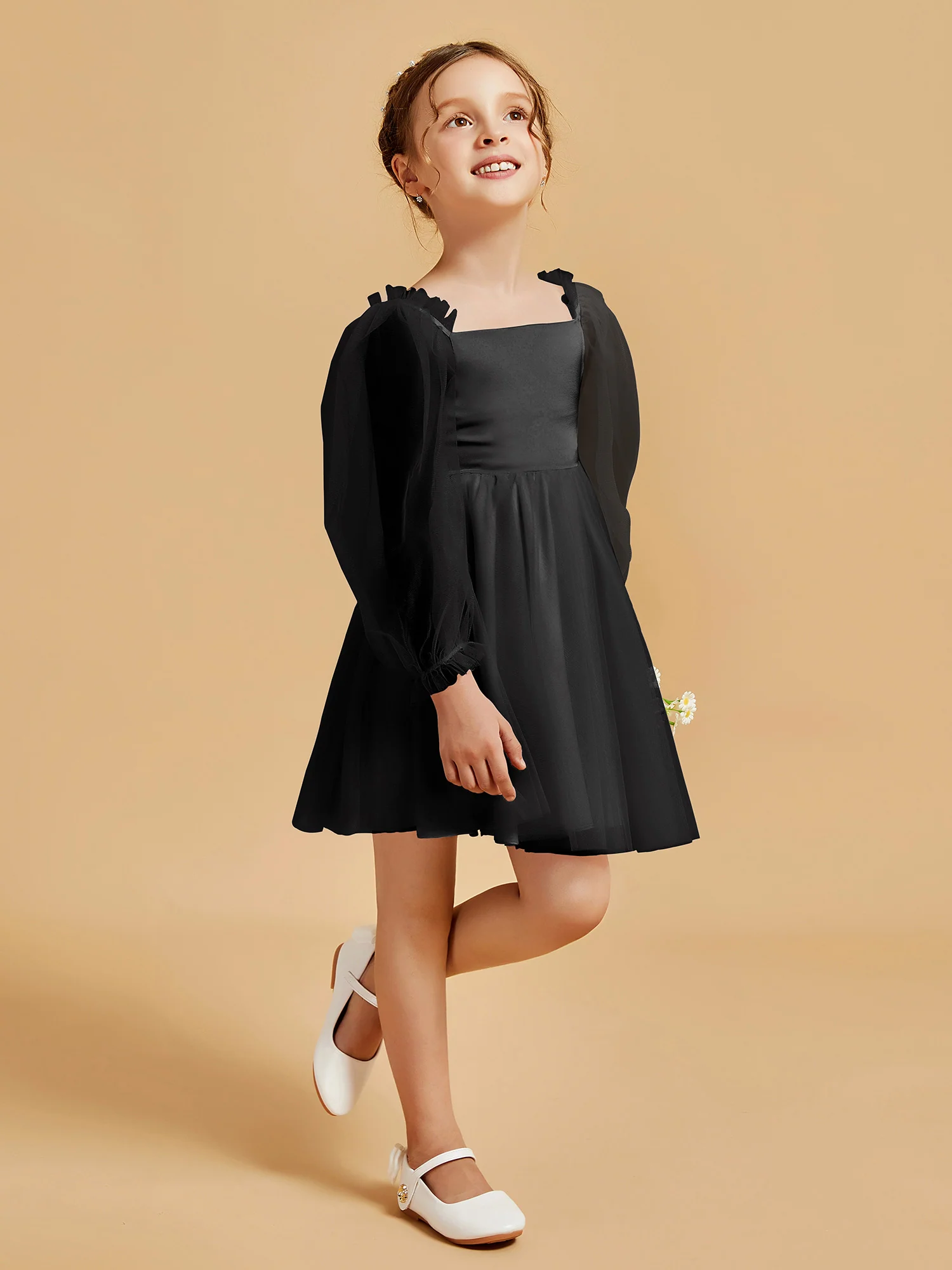 Square Neck Long Sleeve Girl's Short Dress Black - Image 3