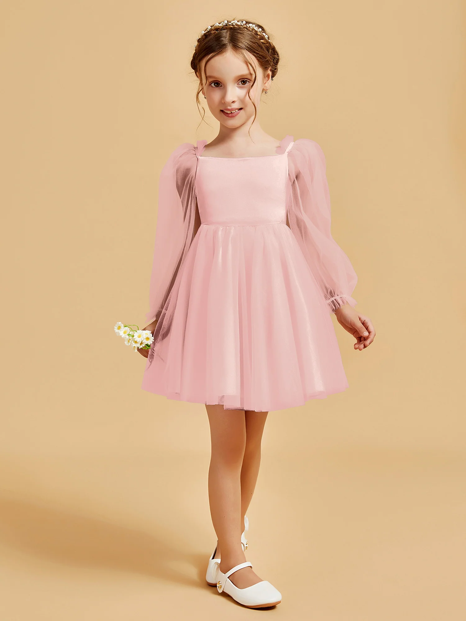 Square Neck Long Sleeve Girl's Short Dress Blushing Pink