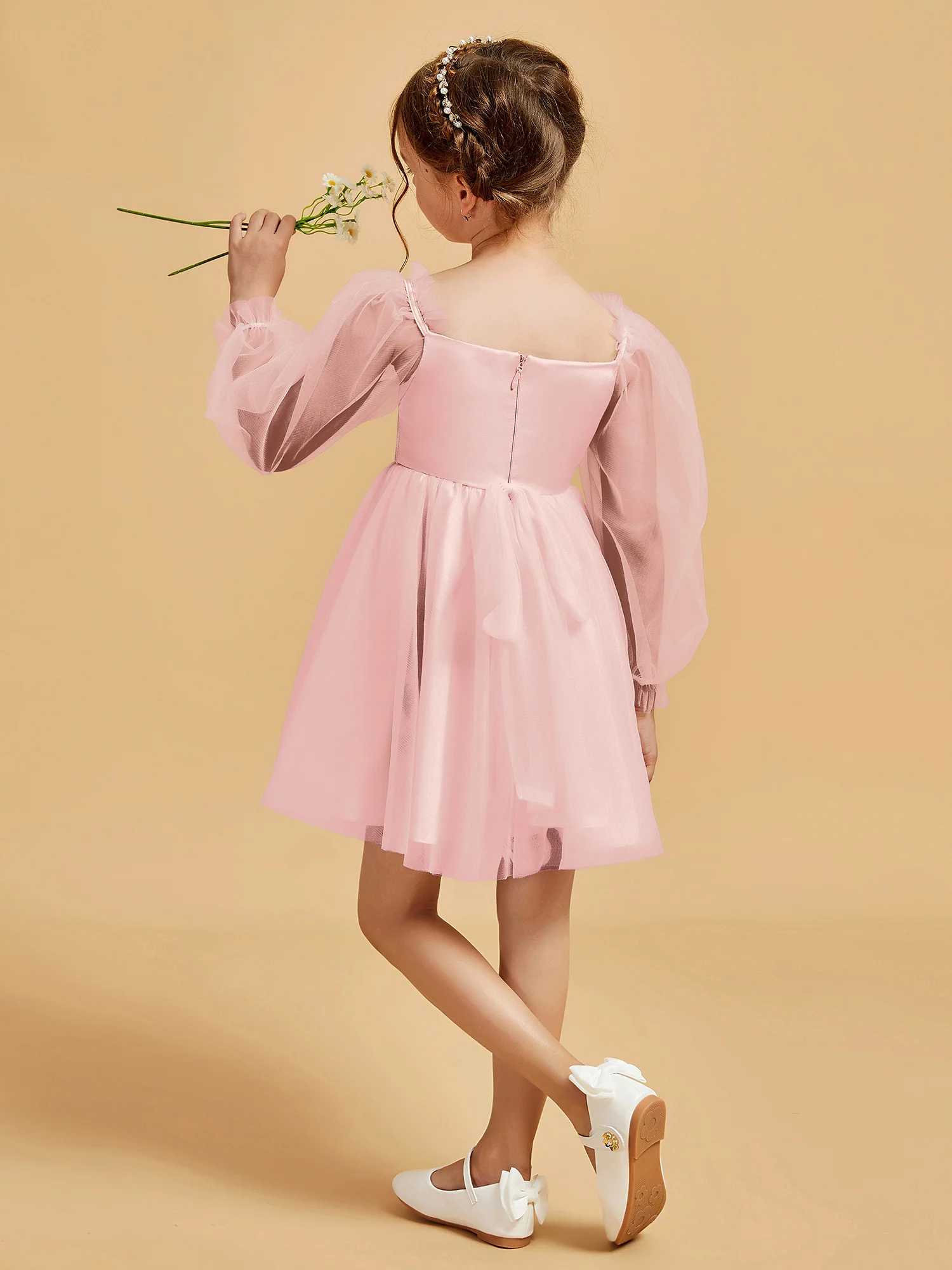 Square Neck Long Sleeve Girl's Short Dress Blushing Pink - Image 2