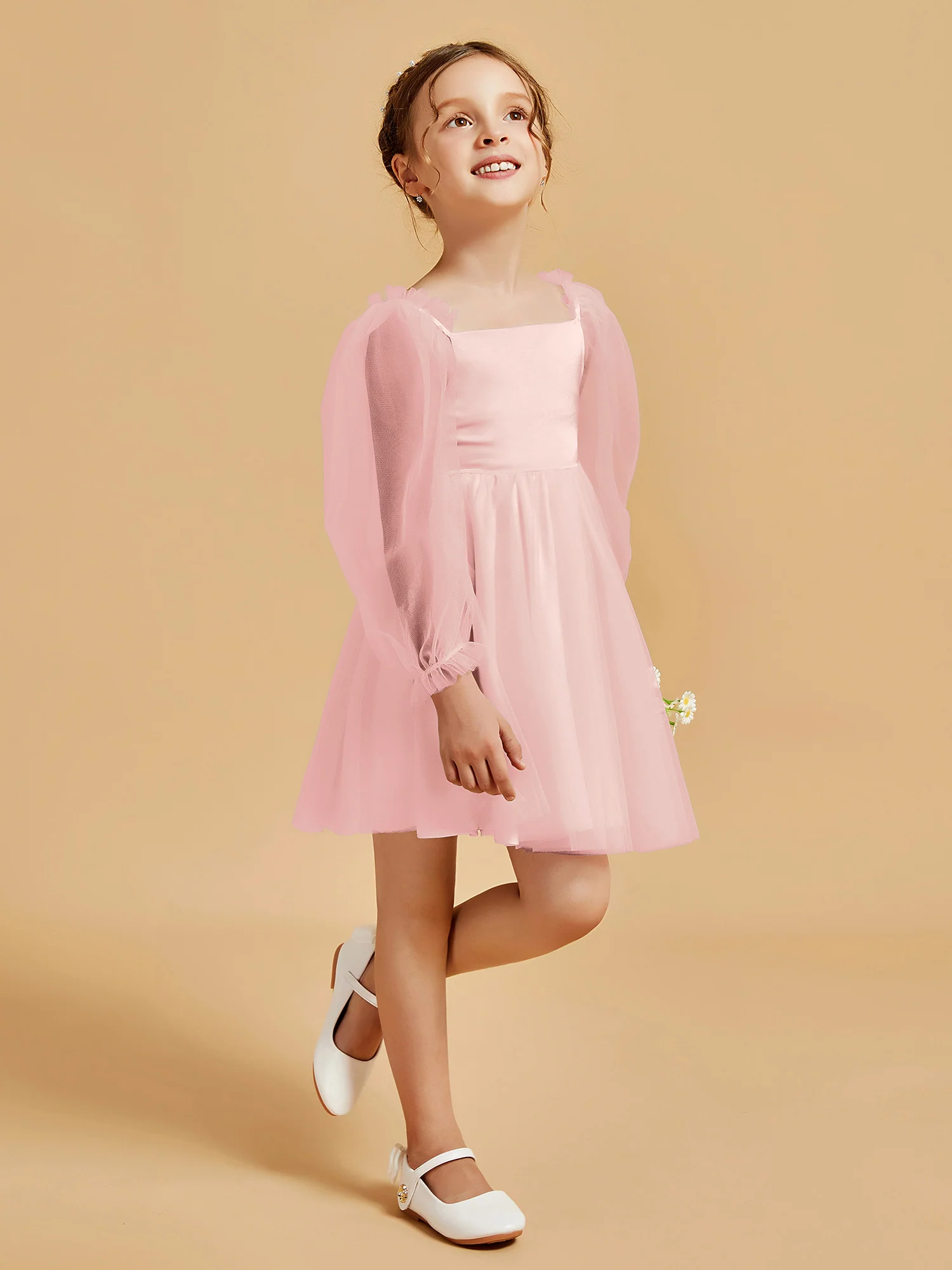 Square Neck Long Sleeve Girl's Short Dress Blushing Pink - Image 3