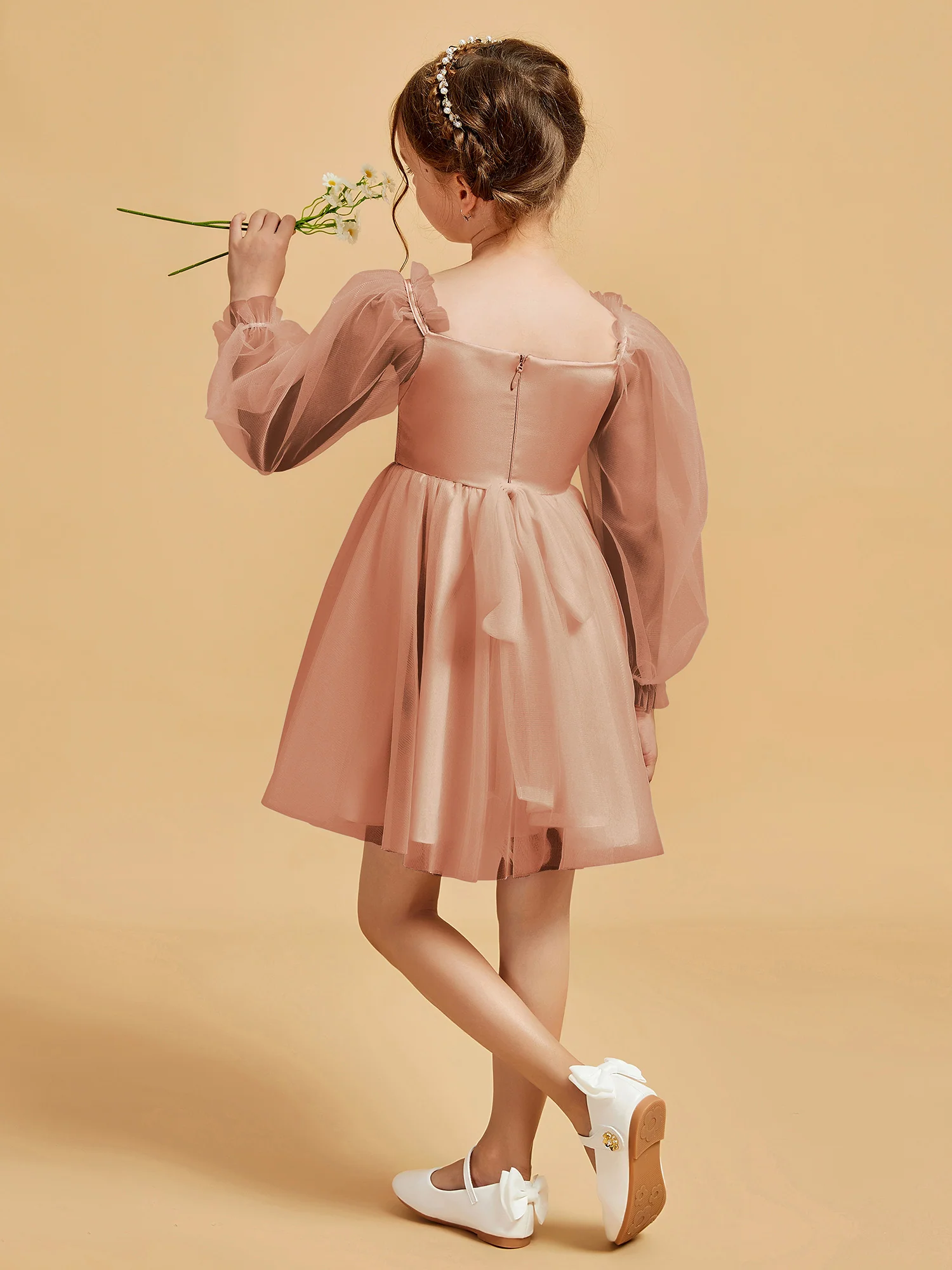 Square Neck Long Sleeve Girl's Short Dress Bronzer - Image 2