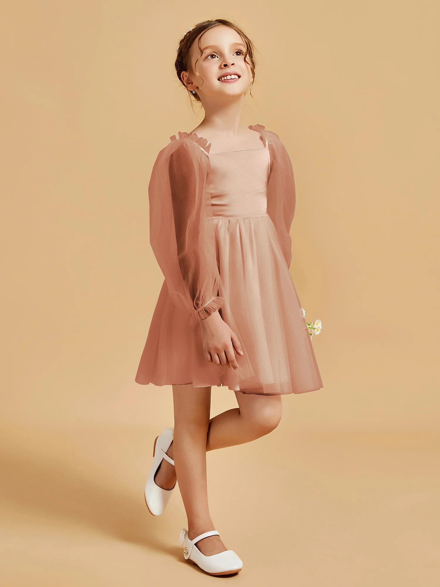 Square Neck Long Sleeve Girl's Short Dress Bronzer - Image 3