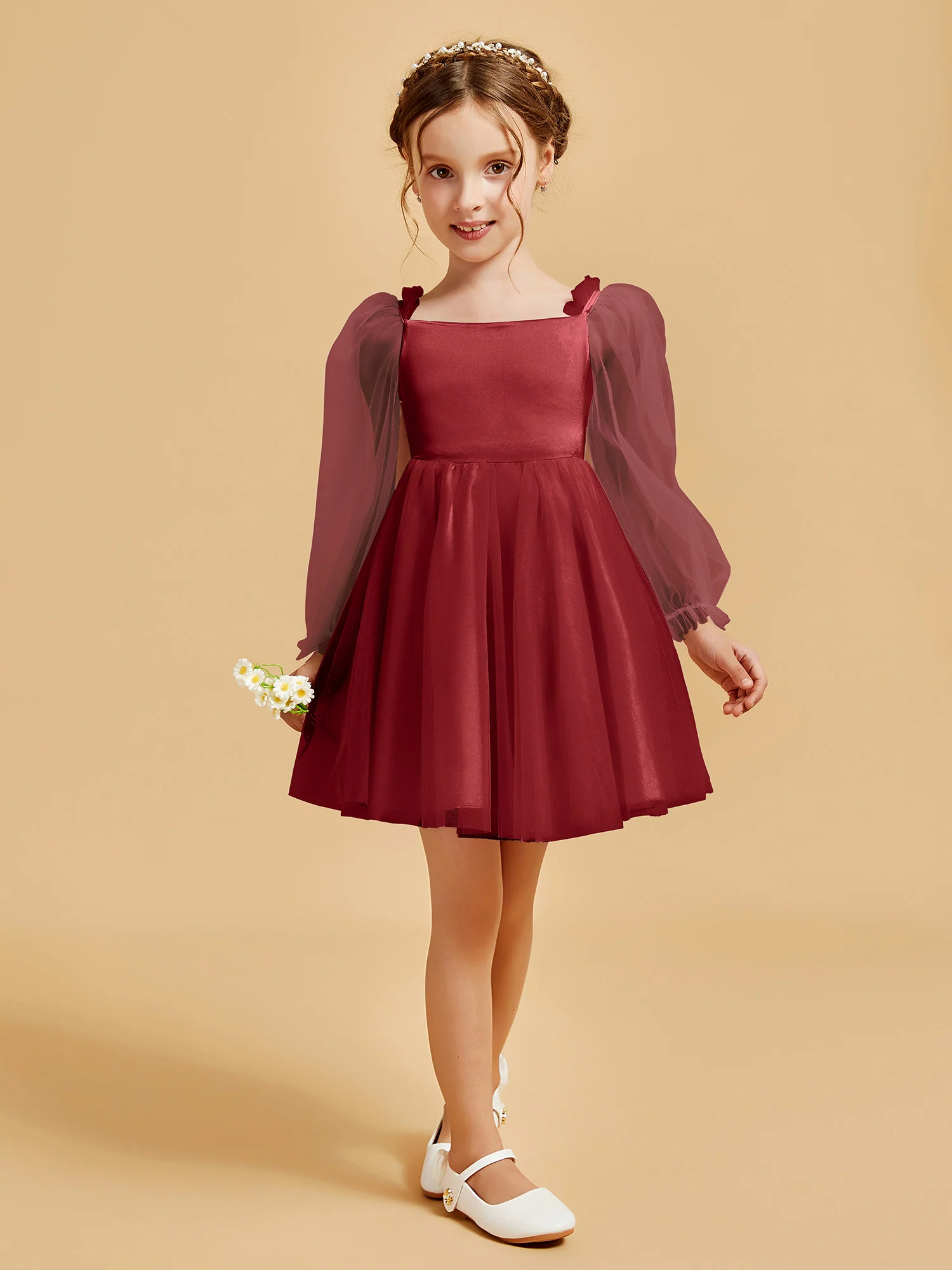 Square Neck Long Sleeve Girl's Short Dress Burgundy