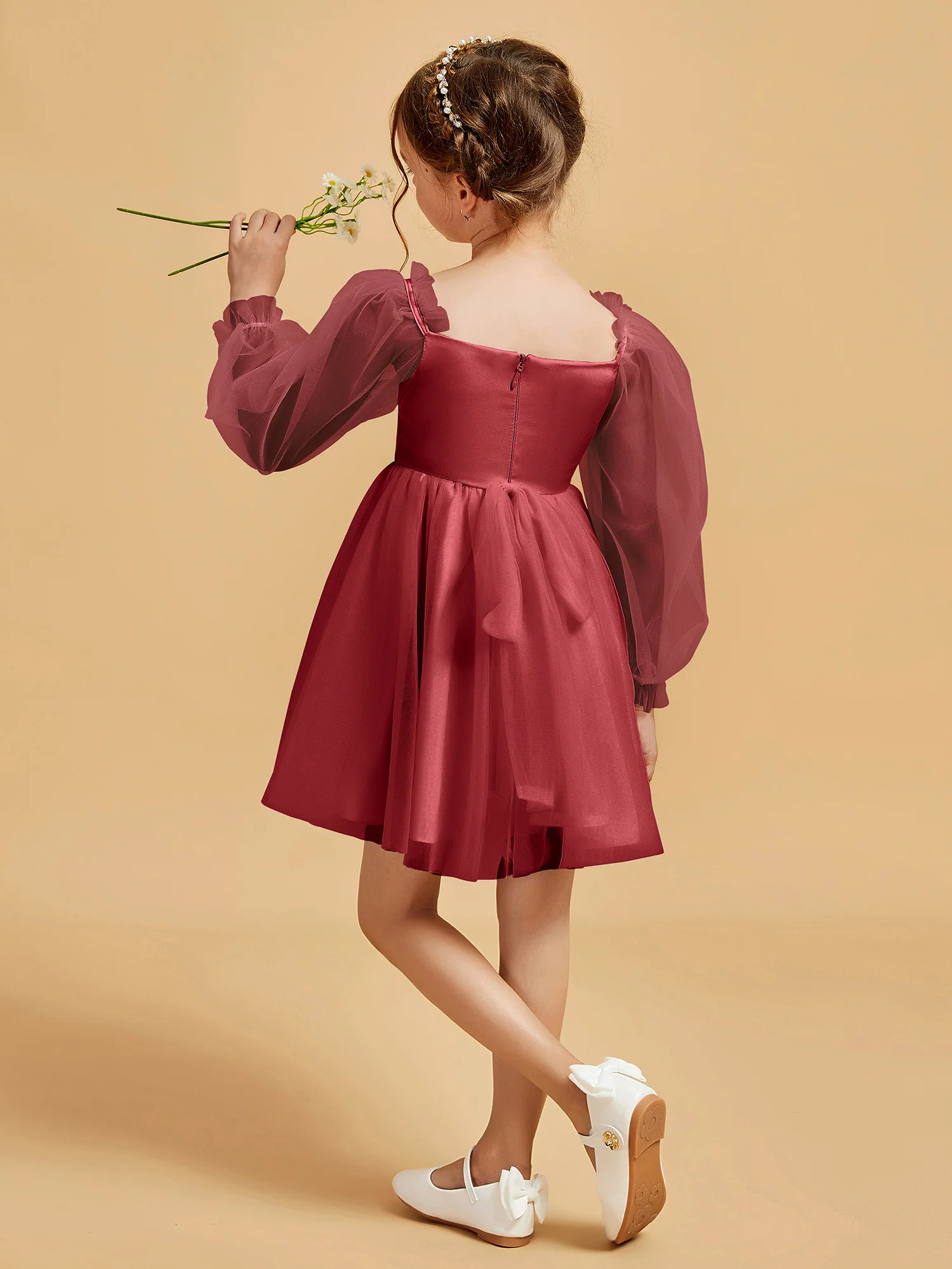 Square Neck Long Sleeve Girl's Short Dress Burgundy - Image 2