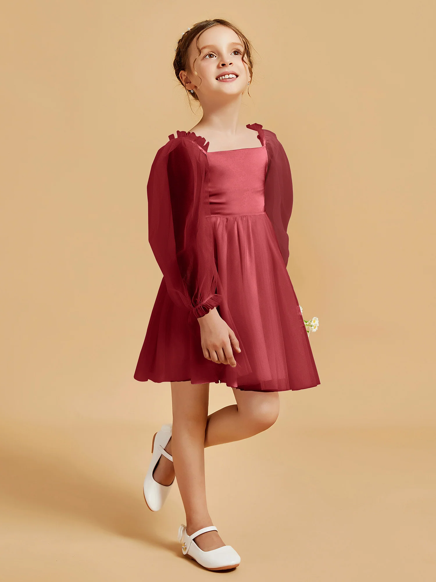 Square Neck Long Sleeve Girl's Short Dress Burgundy - Image 3