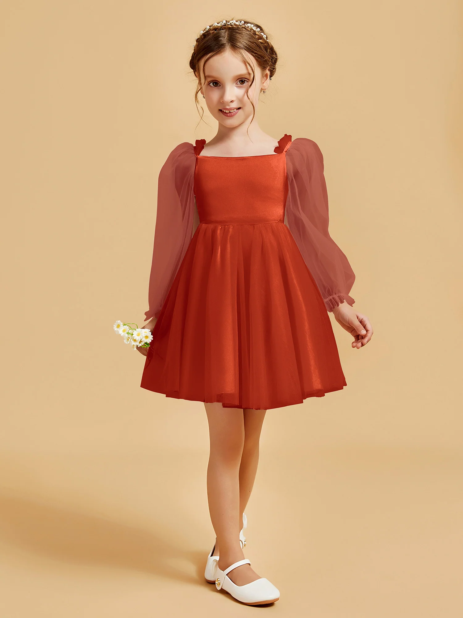 Square Neck Long Sleeve Girl's Short Dress Burnt Orange
