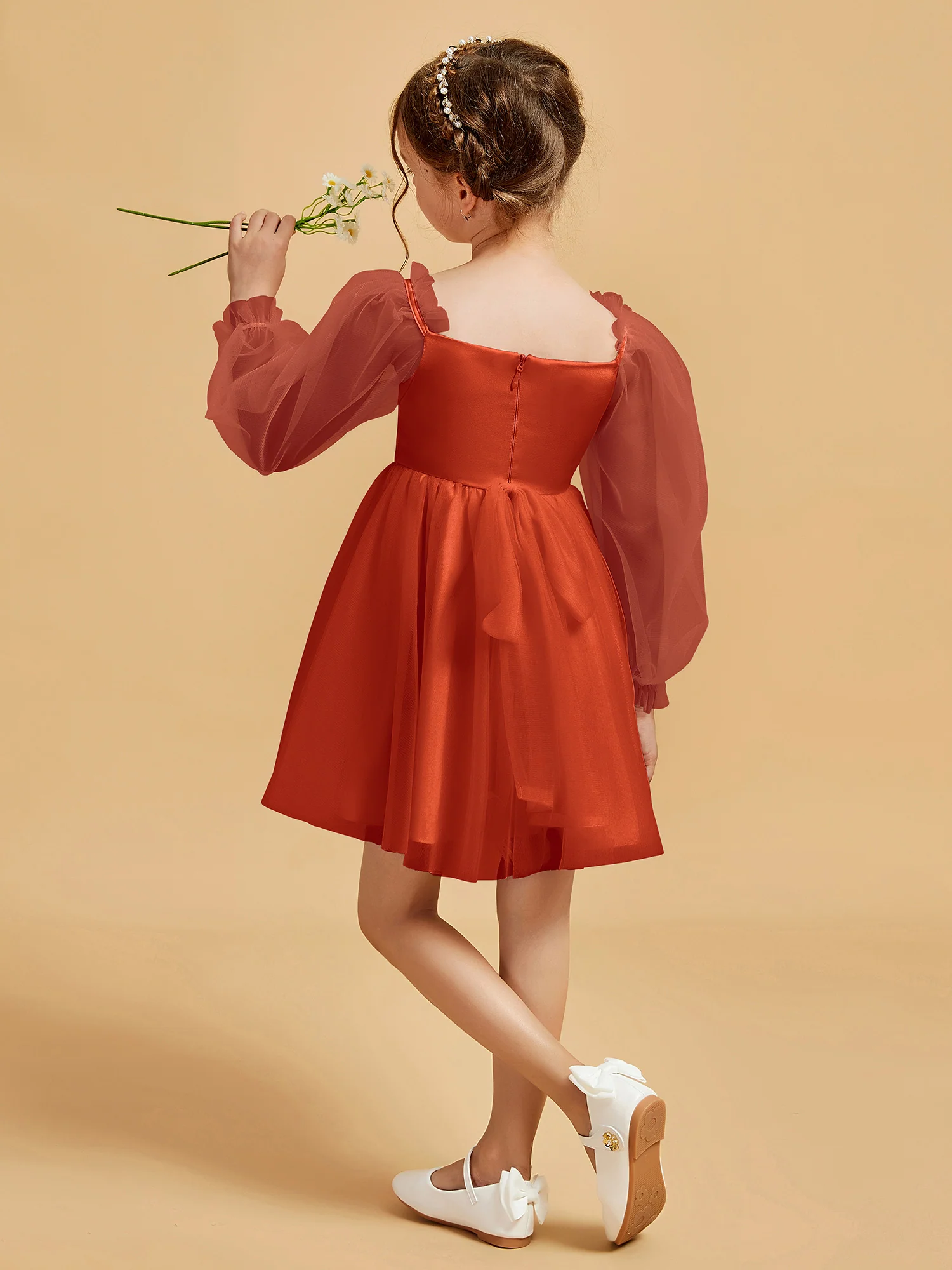 Square Neck Long Sleeve Girl's Short Dress Burnt Orange - Image 2