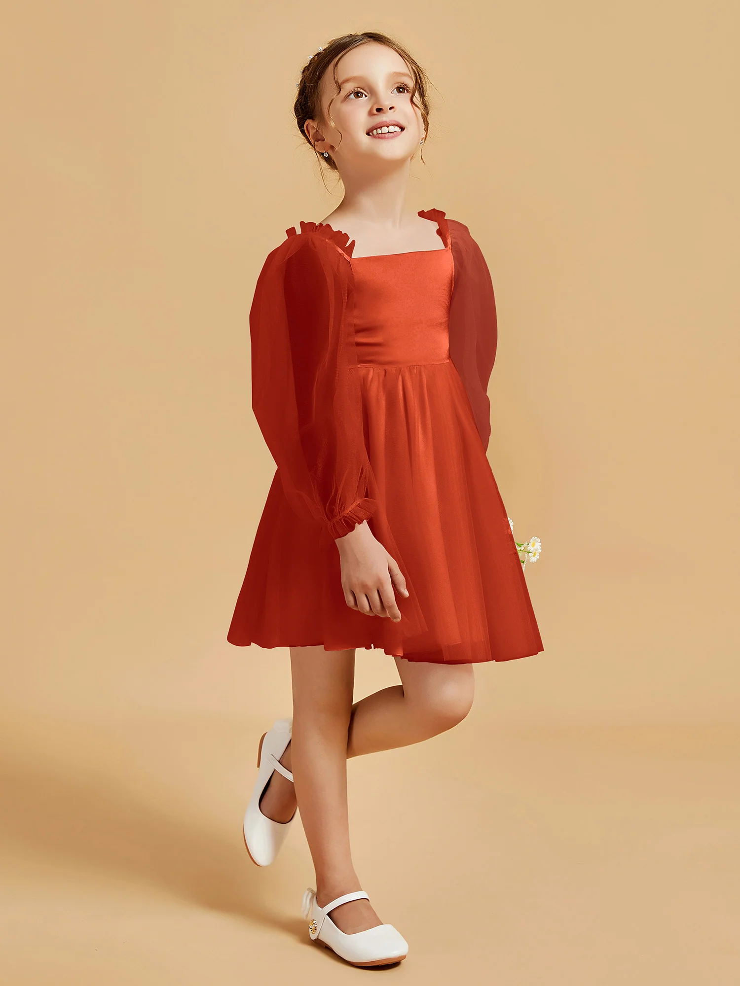 Square Neck Long Sleeve Girl's Short Dress Burnt Orange - Image 3