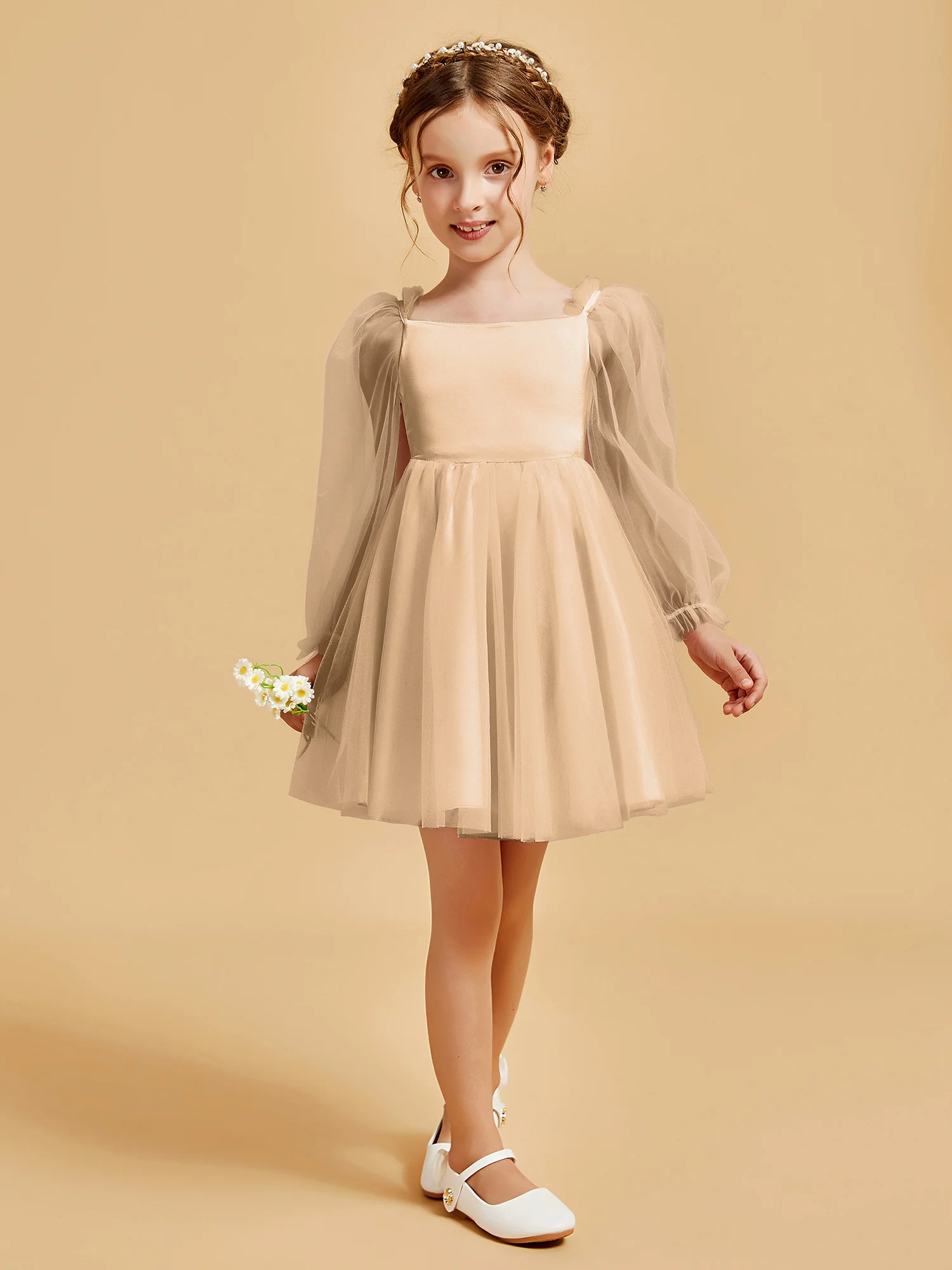 Square Neck Long Sleeve Girl's Short Dress Champagne