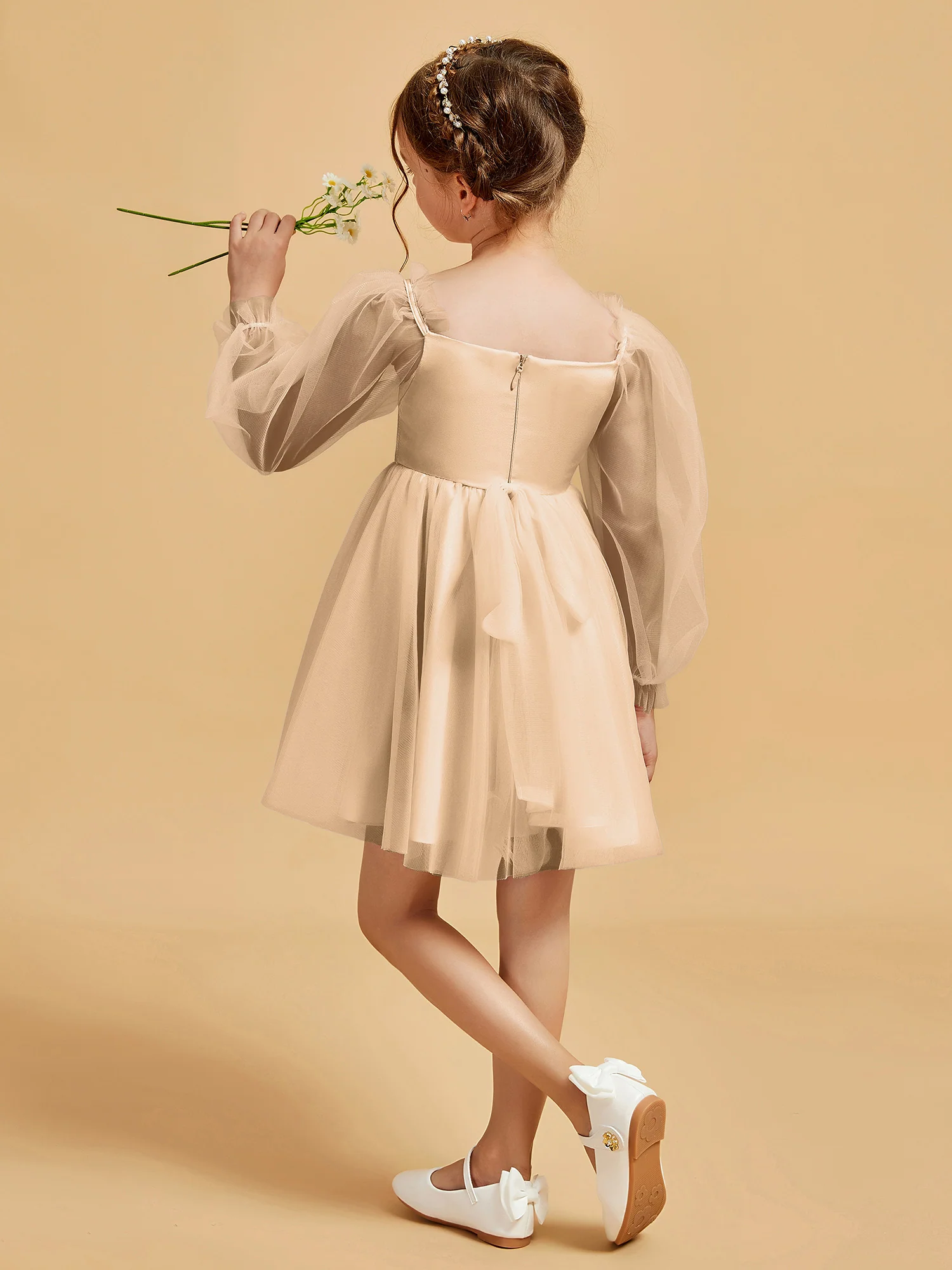 Square Neck Long Sleeve Girl's Short Dress Champagne - Image 2
