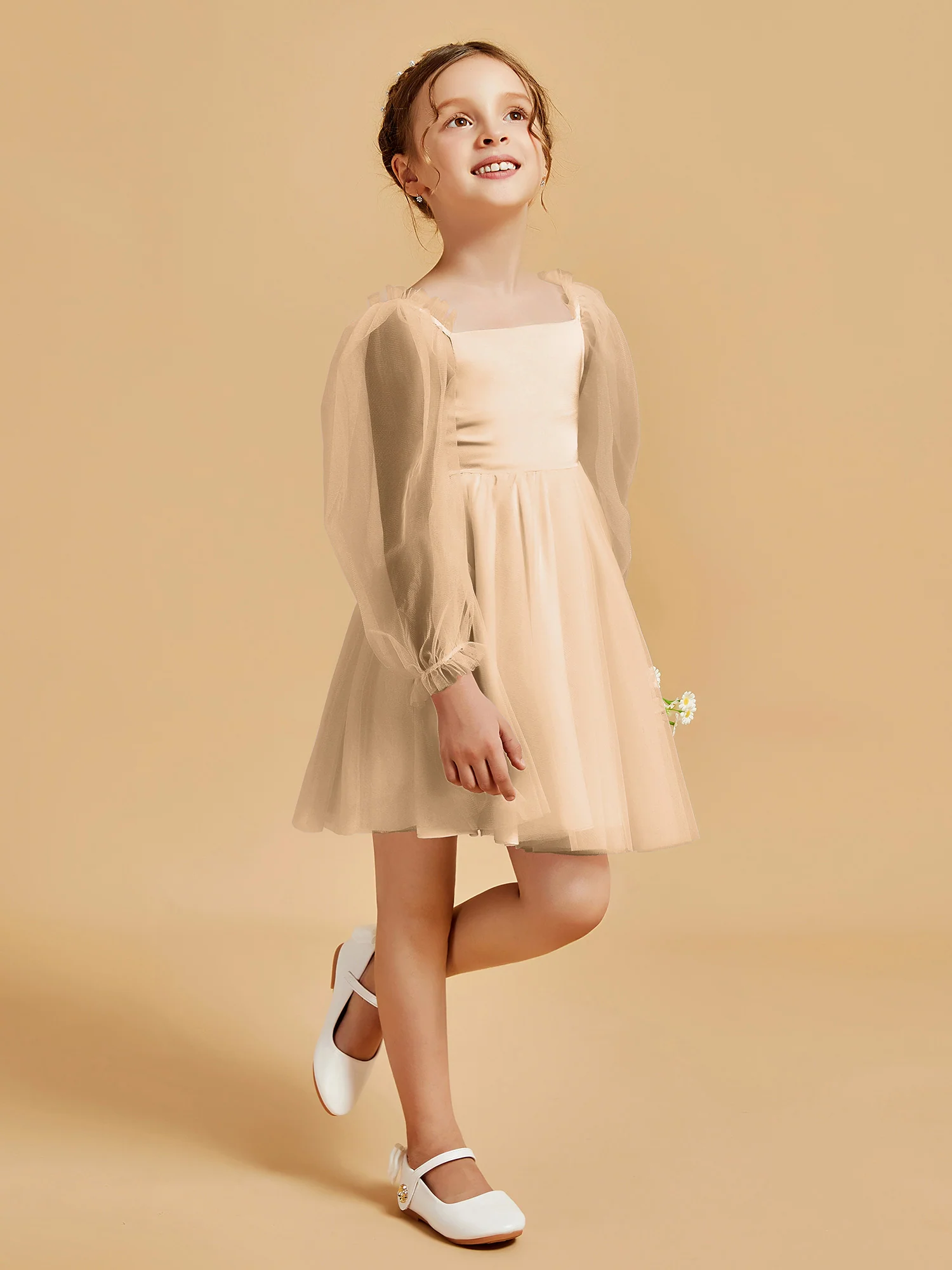 Square Neck Long Sleeve Girl's Short Dress Champagne - Image 3