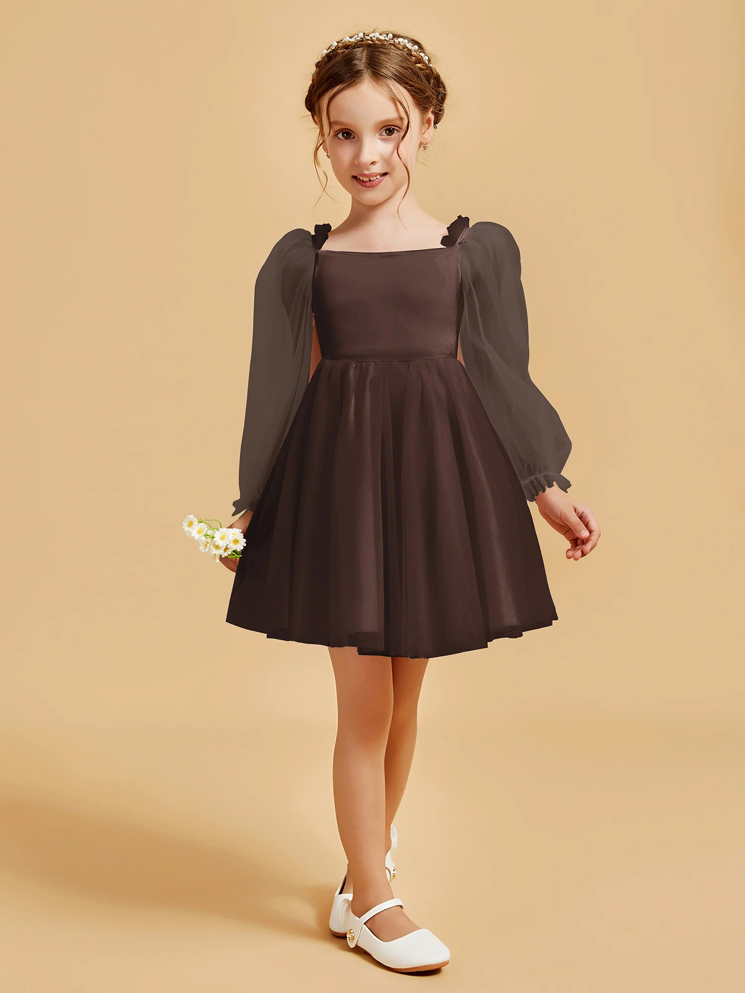 Square Neck Long Sleeve Girl's Short Dress Chocolate
