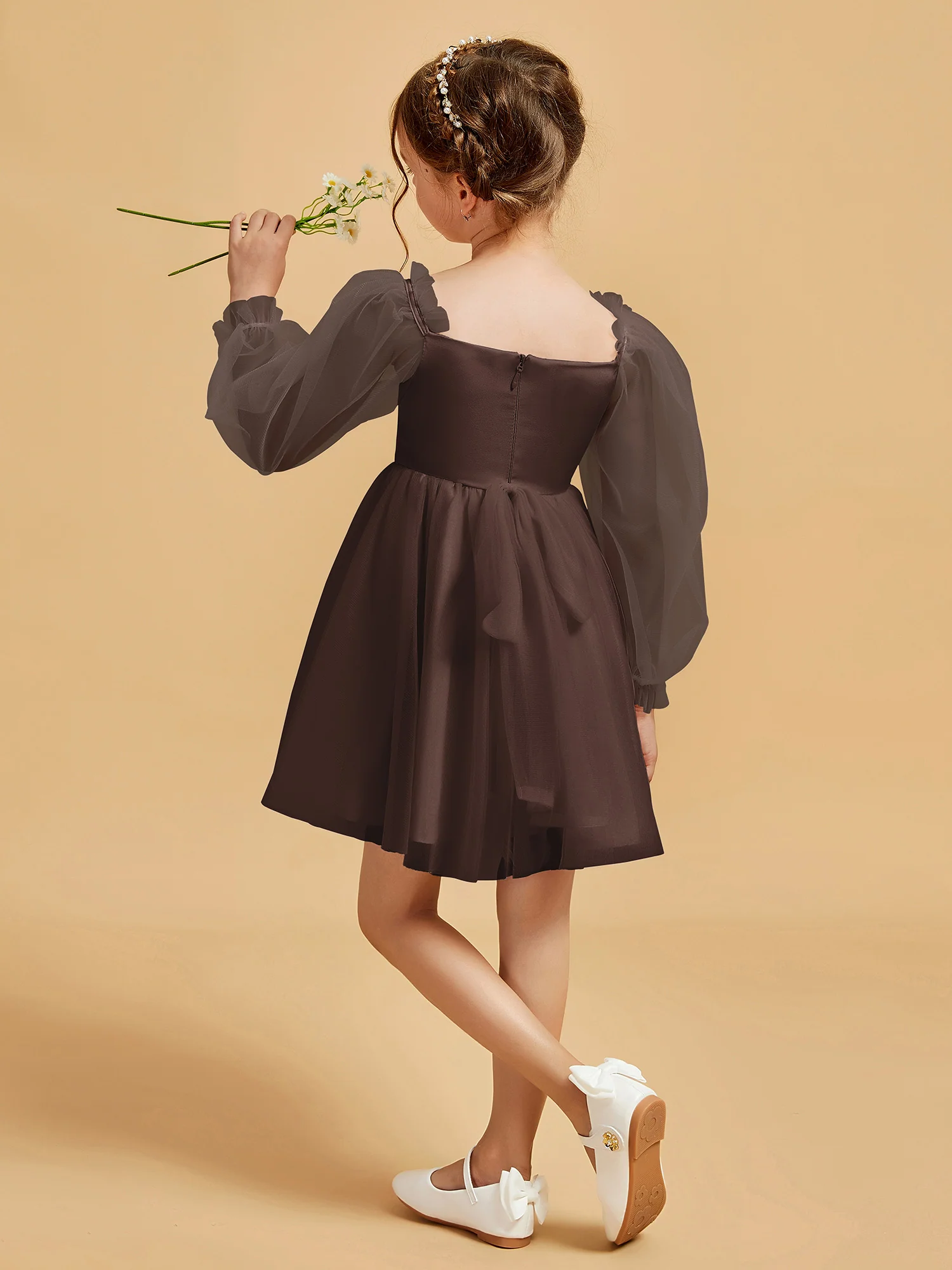 Square Neck Long Sleeve Girl's Short Dress Chocolate - Image 2